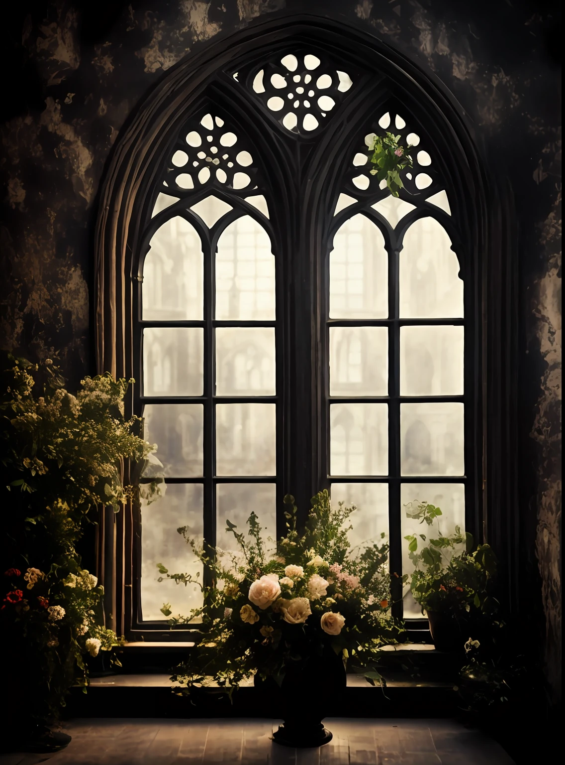a view of a window with a plant in a vase in front of it, photo of a beautiful window, atmospheric beautiful details, stunning arcanum backdrop, gothic interior, floral environment, open window ib background, gothic church background, dramatic backlit window, atmospheric fantasy setting, gothic atmosphere, window, beautiful mattepainting, gothic mansion room, large window, gothic background
