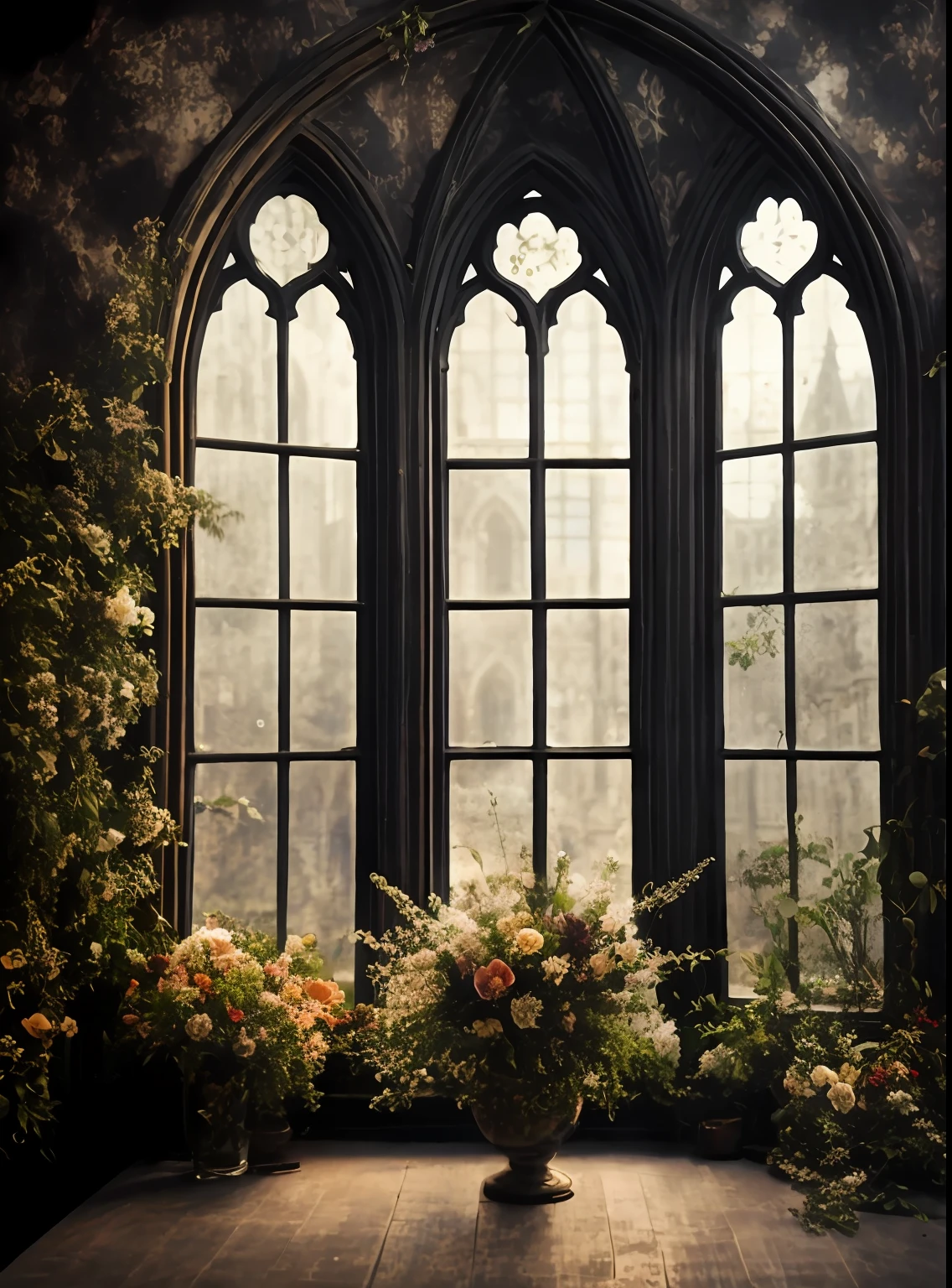 a view of a window with a plant in a vase in front of it, photo of a beautiful window, atmospheric beautiful details, stunning arcanum backdrop, gothic interior, floral environment, open window ib background, gothic church background, dramatic backlit window, atmospheric fantasy setting, gothic atmosphere, window, beautiful mattepainting, gothic mansion room, large window, gothic background
