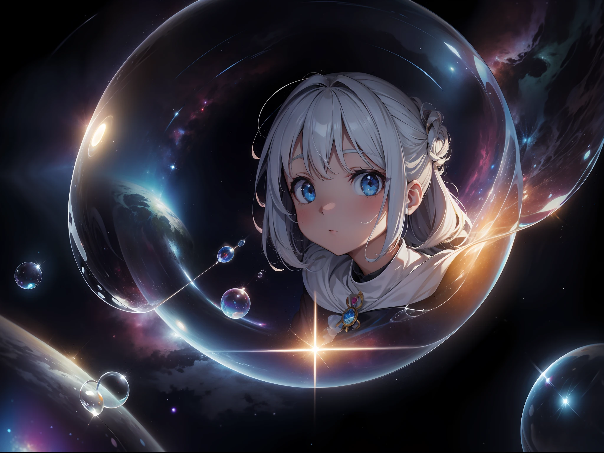 Soap bubble, um pequeno ser preso dentro dela, lost in cosmic space, uma pequenina nave acompanhando, detalhes intrincados, Alta defiinição, Cosmic Magic, arte premiada em concurso