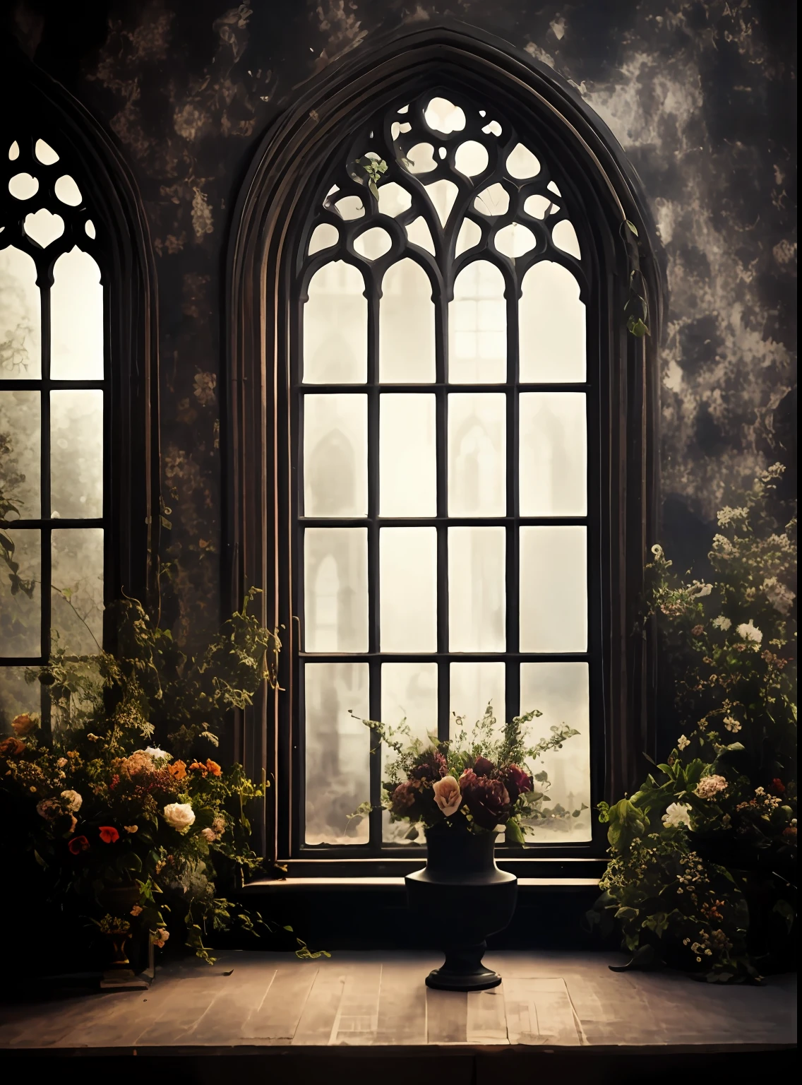 a view of a window with a plant in a vase in front of it, photo of a beautiful window, atmospheric beautiful details, stunning arcanum backdrop, gothic interior, floral environment, open window ib background, gothic church background, dramatic backlit window, atmospheric fantasy setting, gothic atmosphere, window, beautiful mattepainting, gothic mansion room, large window, gothic background