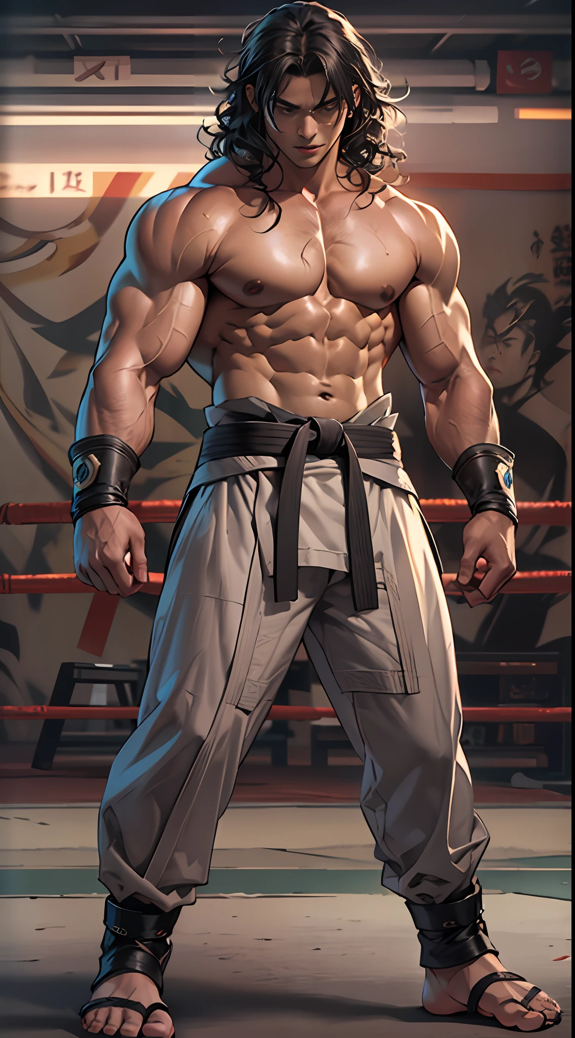 Mighty fighter, chest exposed, lower body unclothed from thighs to feet, flowing long curls, detailed muscular physique, photorealistic depiction, 4K resolution. Background: Martial arts dojo,32k uhd, best quality, masterpiece, super detail, high details
