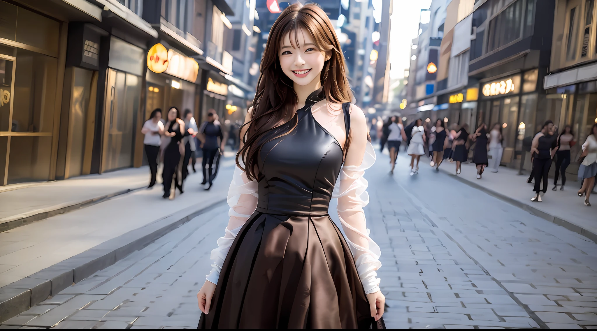 ((Best quality, 8k, Masterpiece :1.3)), 1girl, smiling, full body, slim face, Pretty woman, (Dark brown hair), full length dress :1.1, Ultra-detailed face, Detailed eyes, Double eyelid, blur background, slim face, city, outside, street,