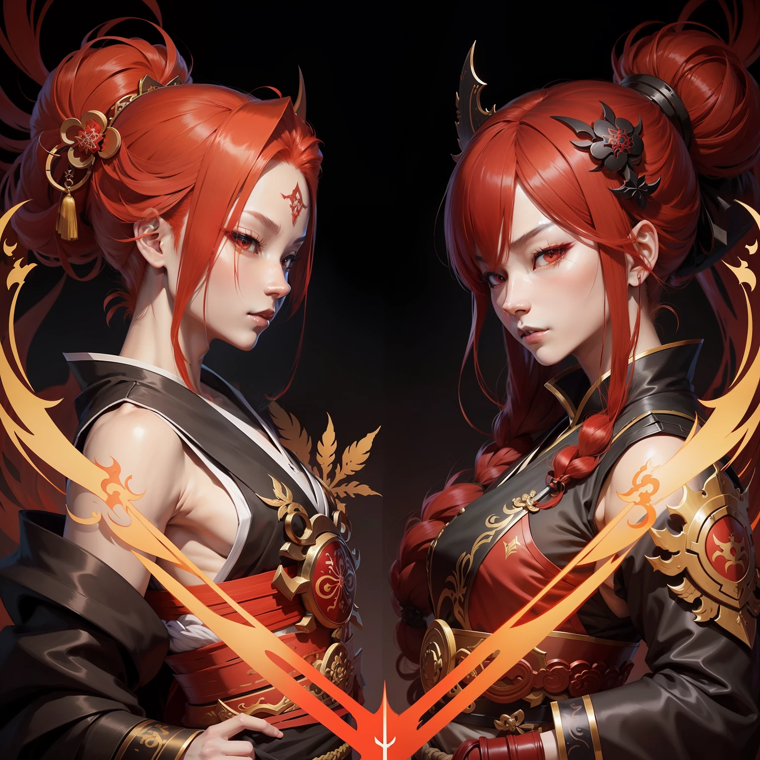 anime character with red hair and a sword in a black background, onmyoji detailed art, inspired by Hu Zaobin, g liulian art style, symmetry!! portrait of akuma, by Yang J, onmyoji, inspired by Chen Jiru, detailed cover artwork, wlop painting style, wukong, inspired by Cao Zhibai