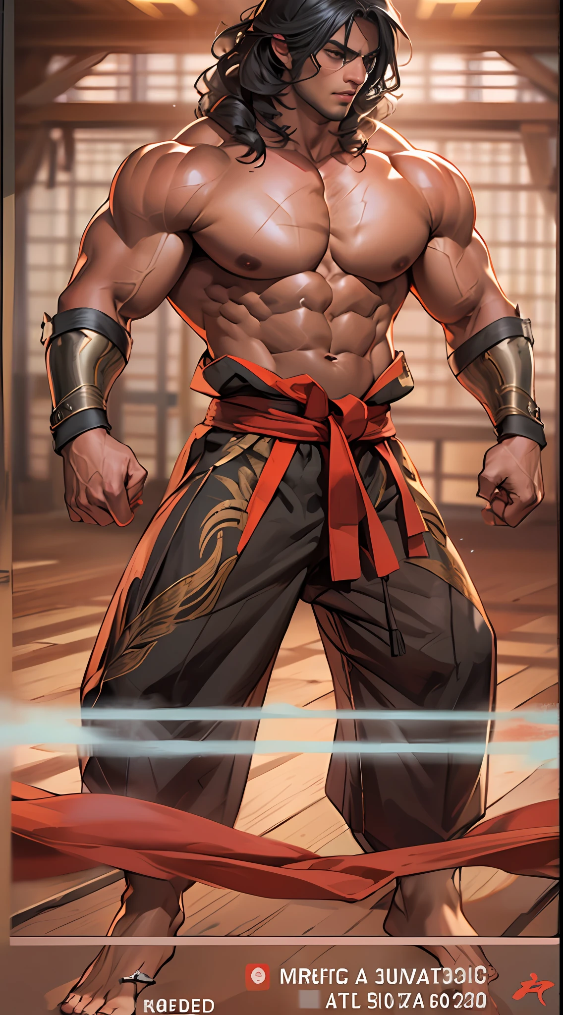 Mighty fighter, chest exposed, lower body unclothed from thighs to feet, flowing long curls, detailed muscular physique, photorealistic depiction, 4K resolution. Background: Martial arts dojo,32k uhd, best quality, masterpiece, super detail, high details