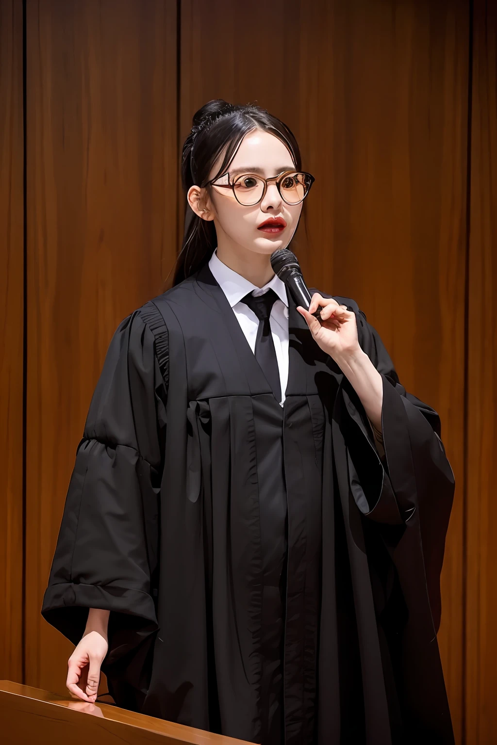 "judge，Wear a black judge's robe，Wear polarized sunglasses，With an expression of solemnity and majesty，standing in a courtroom，Scenarios where major cases are heard"