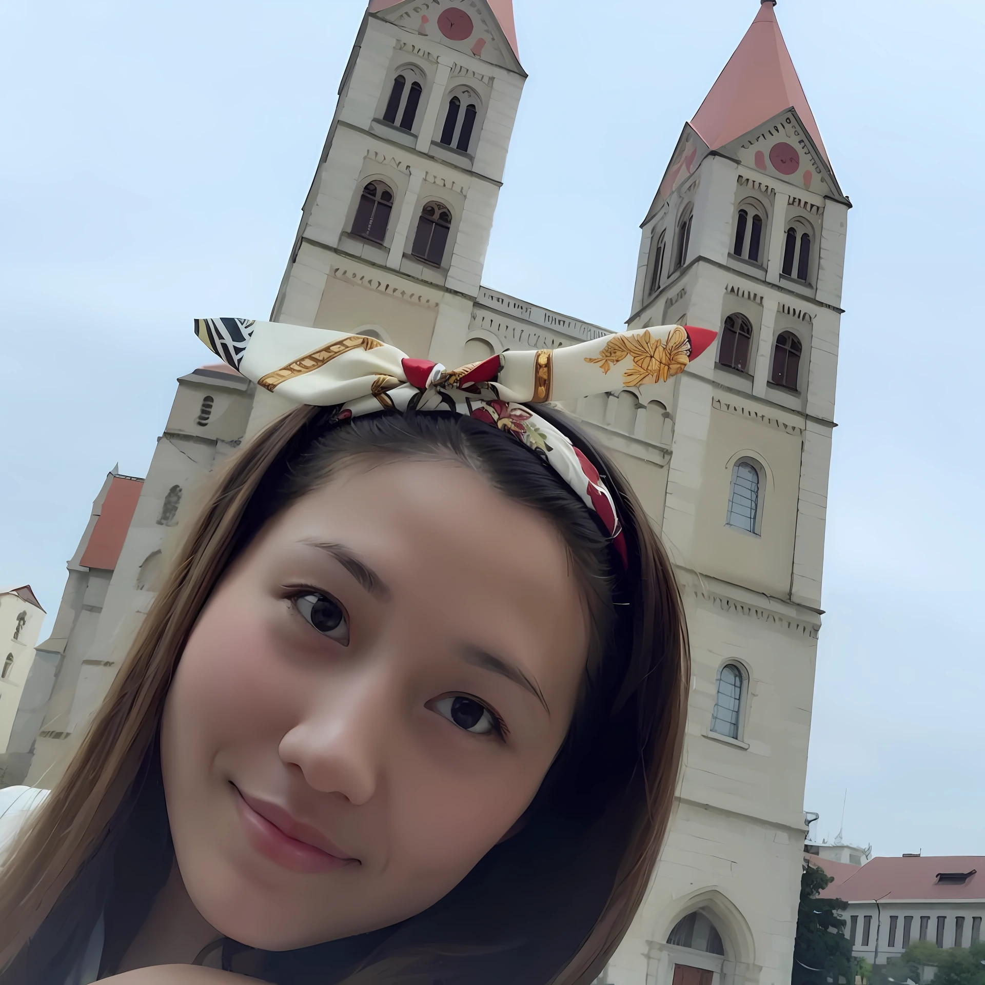 Wearing a headband in front of the church, cathedral in the background, 2 , Dont change the face,Sunnyday
