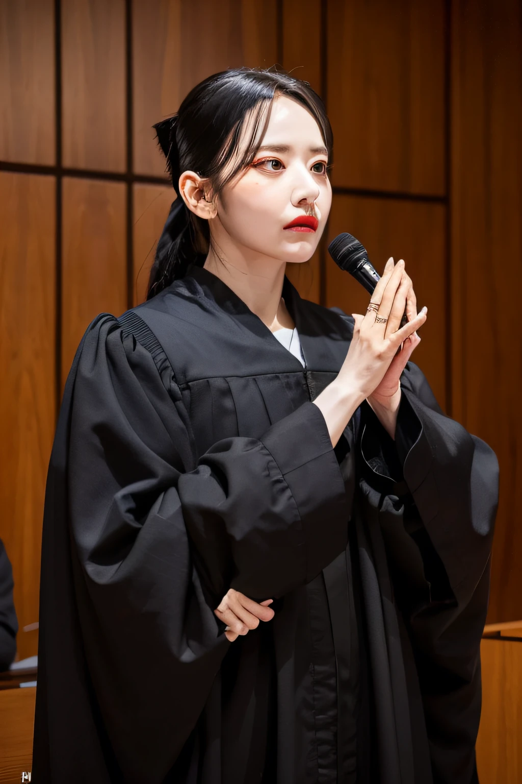 "judge,Wear a black judge's robe,Wear polarized sunglasses,With an expression of solemnity and majesty,standing in a courtroom,Scenarios where major cases are heard"