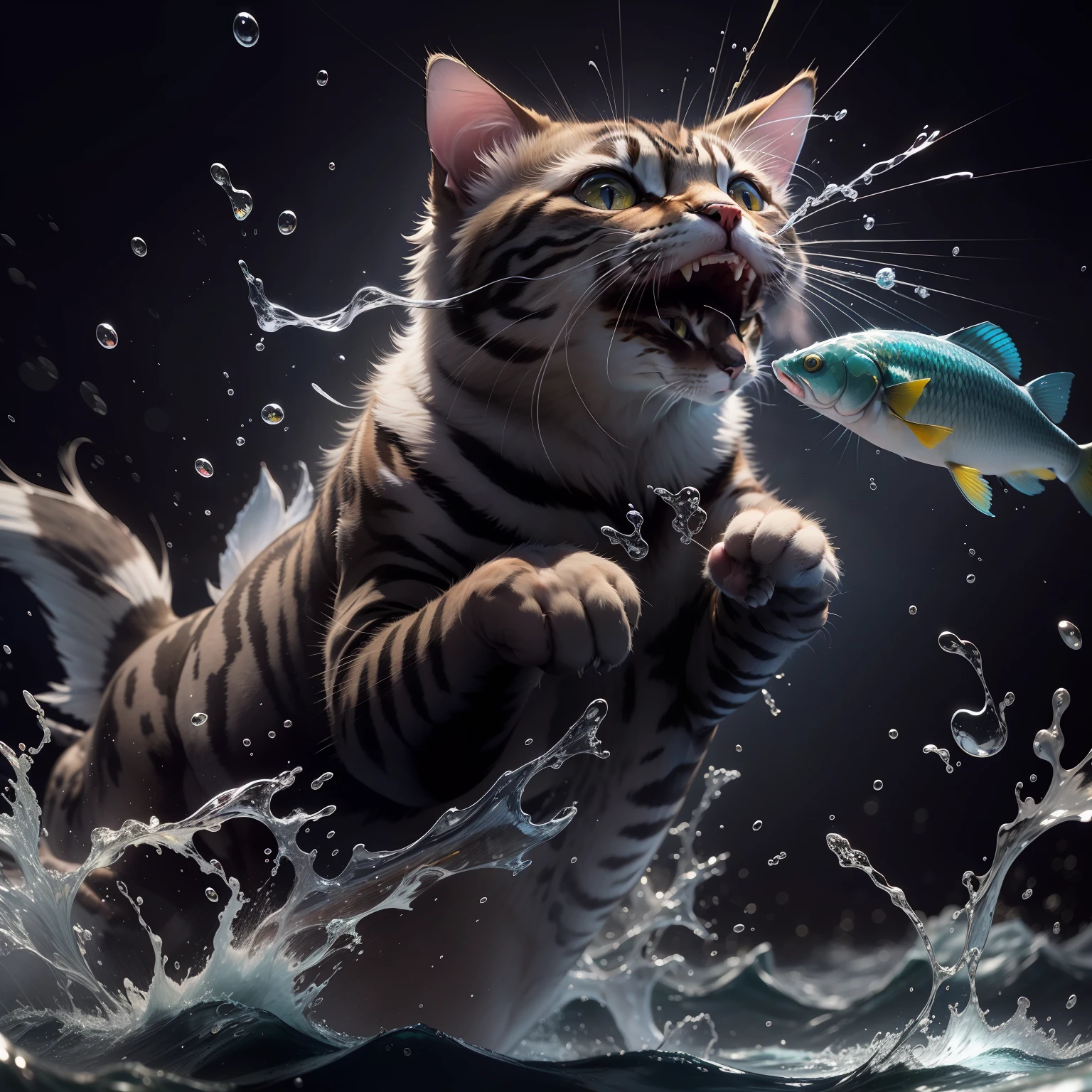 Cat catching fish, high brightness, specular highlight on fish, sharpen more, realistic water splashes in sync with fish, high speed camera, freeze frame, focus on cat.
