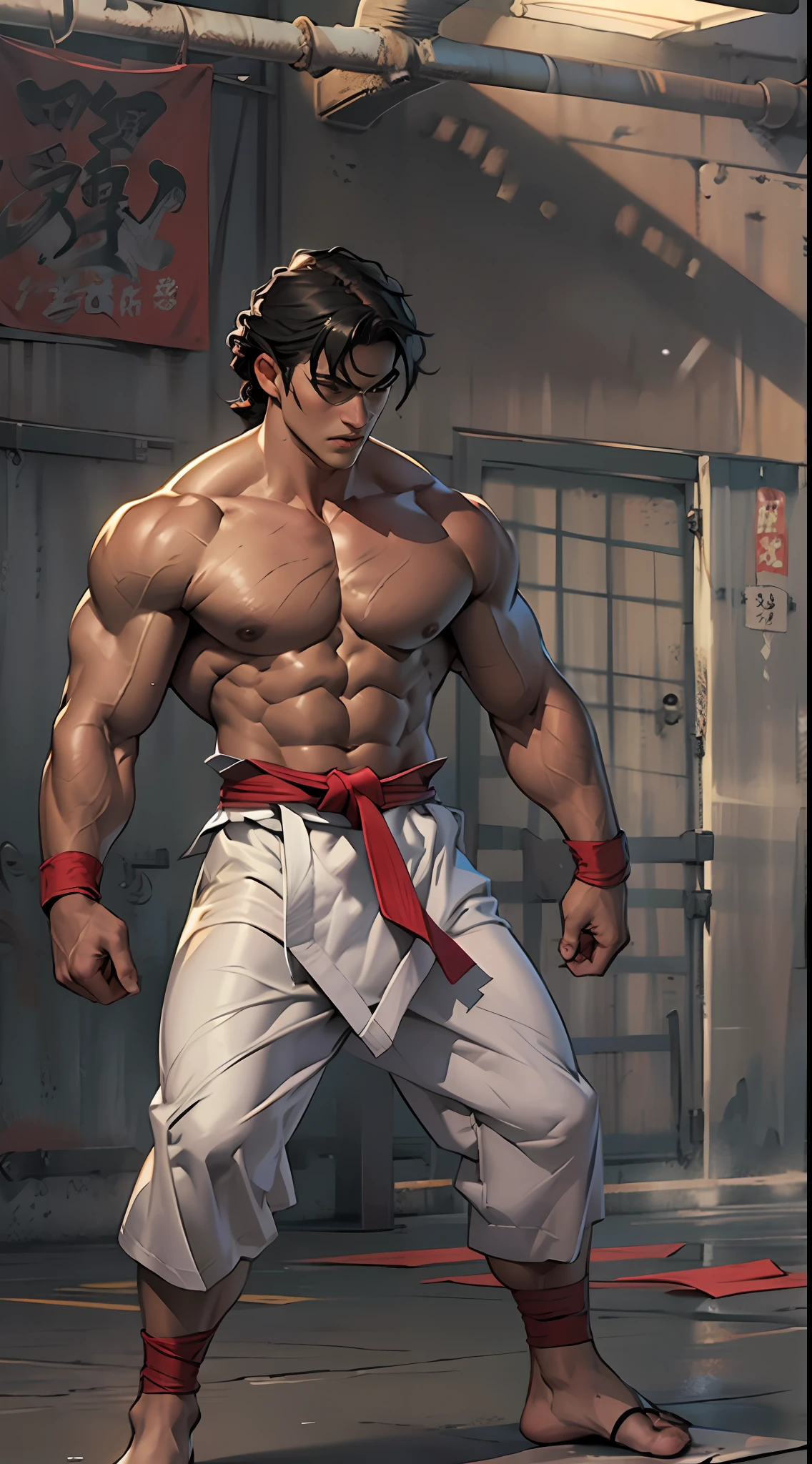 Mighty fighter, chest exposed, lower body unclothed from thighs to feet, flowing long curls, detailed muscular physique, photorealistic depiction, 4K resolution. Background: Martial arts dojo,32k uhd, best quality, masterpiece, super detail, high details