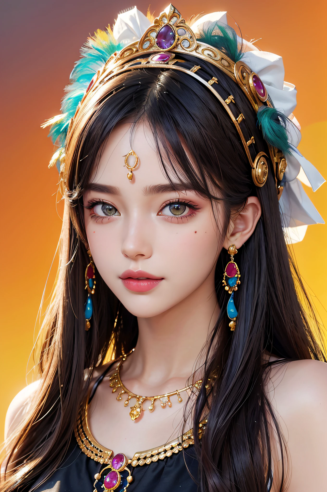 Textured skin,Beauty tips,Pick dyeing,Crescent headdress,Heavy makeup,Ribbons,Crescent earrings,There are precious stones on the forehead,Beauty mole,Heterochromic pupils,Light smile,A high resolution,tmasterpiece,Best quality,Portrait of 1girl,