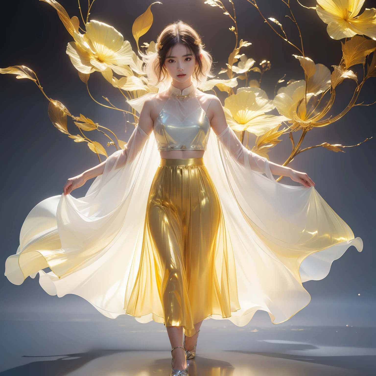 (((1 girl)),Long skirt,Gold pattern,The Arthur effect, Transparent body, Gradient translucent glass melt, Caustics, transparent glass texture, Irridescent color, Designed by Dietrams, Simple, Glows in high detail, white backgrounid, industrial design, studio lit, C4D, OC renderer, Clean shadows, 4K