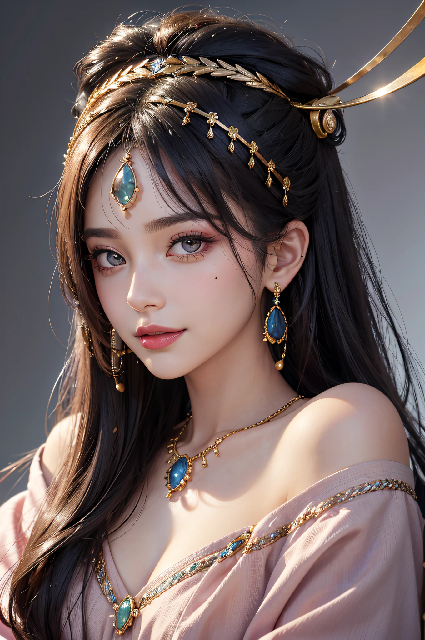 Textured skin,Beauty tips,Pick dyeing,Crescent headdress,Heavy makeup,Ribbons,Crescent earrings,There are precious stones on the forehead,Beauty mole,Heterochromic pupils,Light smile,A high resolution,tmasterpiece,Best quality,Portrait of 1girl,