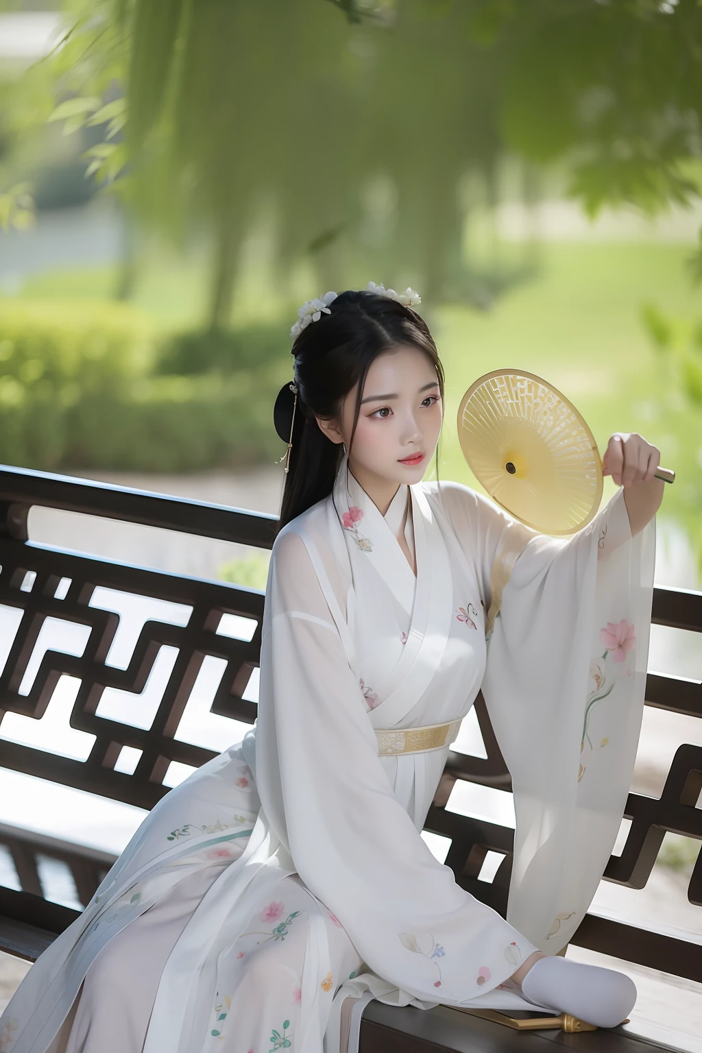 Woman in white dress sitting on bench with fan, White Hanfu, Palace ， A girl in Hanfu, Hanfu, Wearing ancient Chinese clothes, with acient chinese clothes, inspired by Tang Yin, Inspired by Huang Ji, inspired by Gu An, ancient chinese beauti, Chinese woman, flowing white robe, Chinese costume, style of guo hua