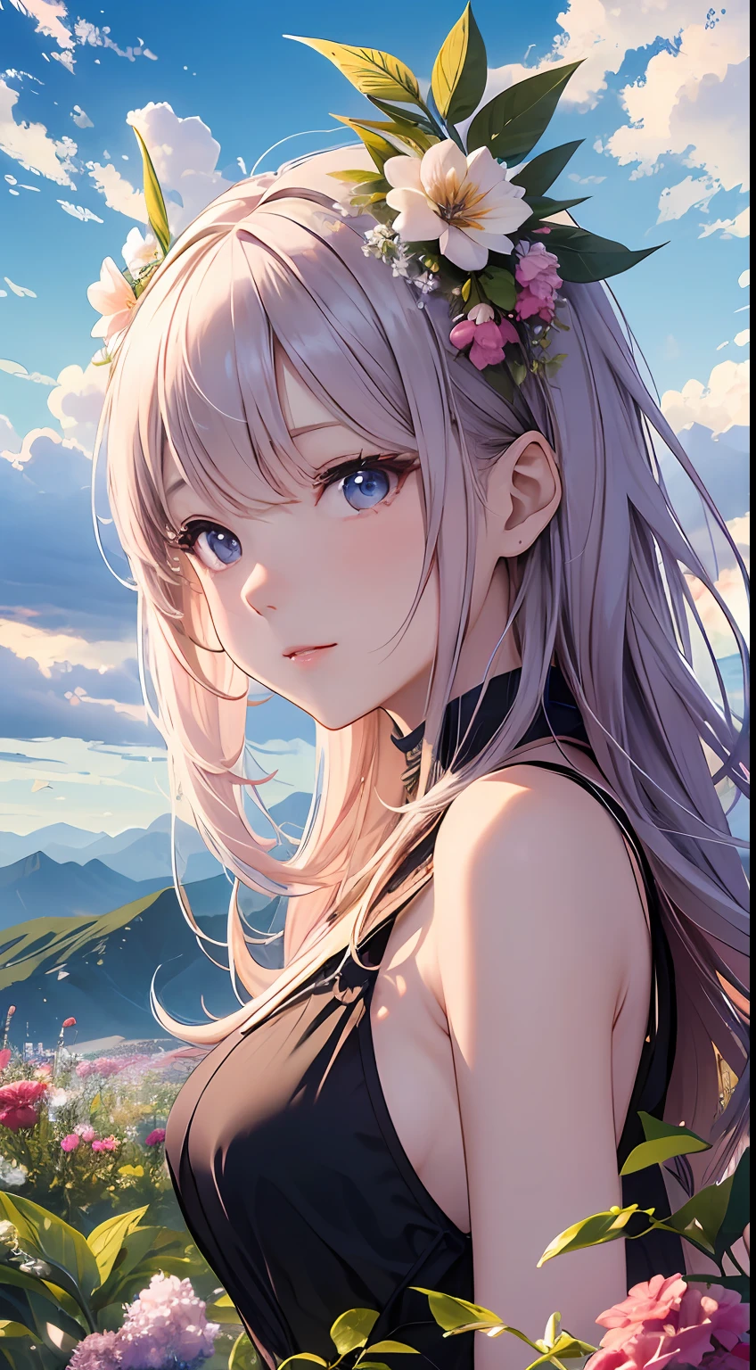 （Close-up of the painting style，8k ultra high definition，Masterpiece grade vista CG wallpaper），Beautiful skyline，Magnificent sky，美丽细致的眼睛，cute girly，Perfect slim body，shift dresses，Pure eyes，The skin is smooth like a ****，Stand on a high mountain and look at the sky，lakes，Colorful flowers and plants。