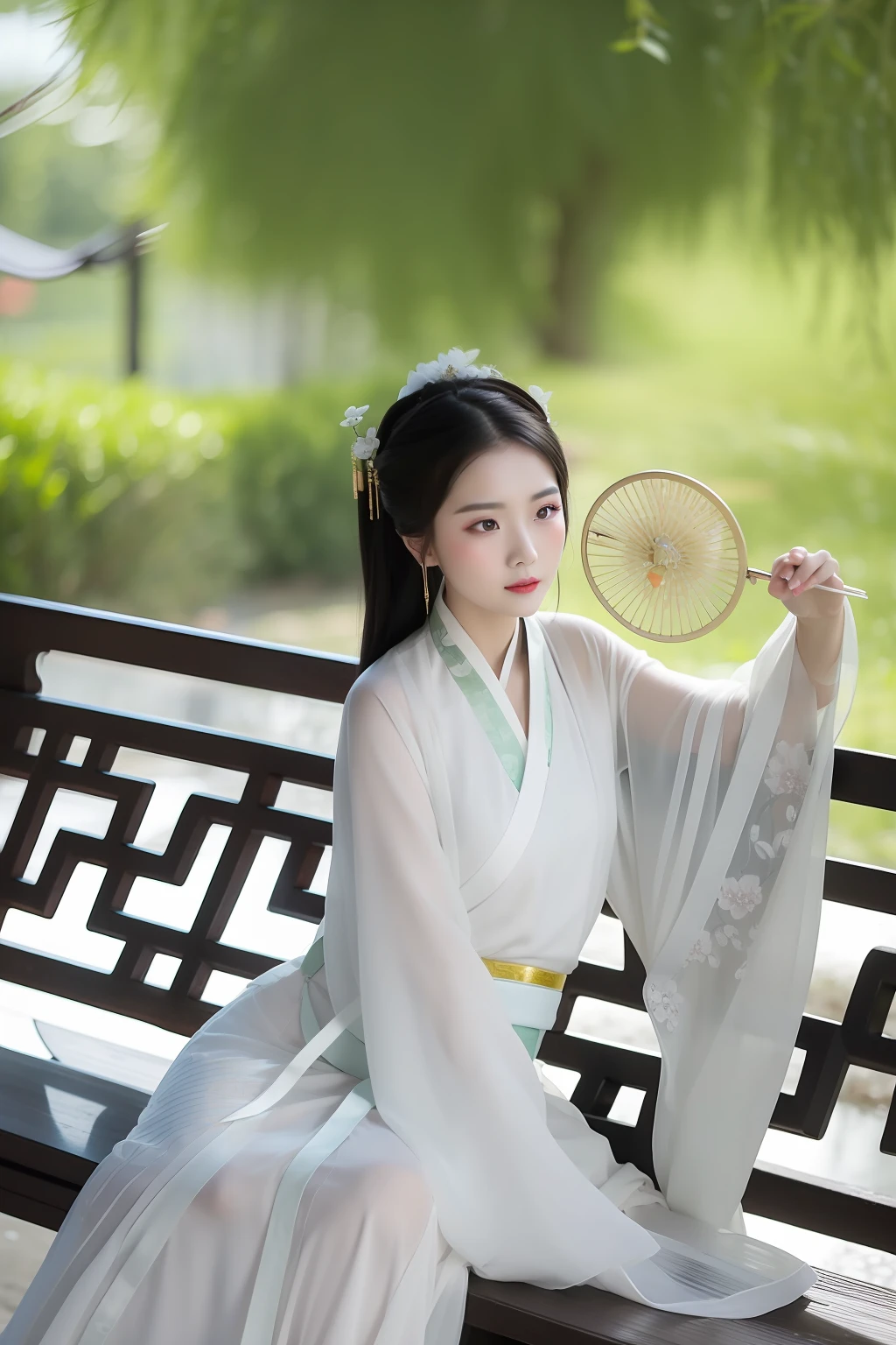 Woman in white dress sitting on bench with fan, White Hanfu, Palace , A girl in Hanfu, Hanfu, Wearing ancient Chinese clothes, with acient chinese clothes, inspired by Tang Yin, Inspired by Huang Ji, inspired by Gu An, ancient chinese beauti, Chinese woman, flowing white robe, Chinese costume, style of guo hua