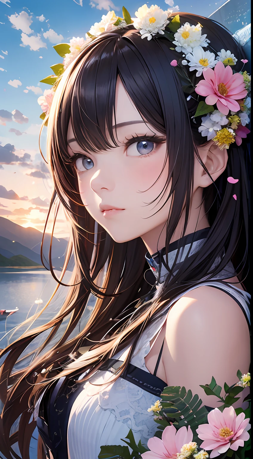 (Close-up of the painting style,8k ultra high definition,Masterpiece grade vista CG wallpaper),Beautiful skyline,Magnificent sky,美丽细致的眼睛,cute girly,Perfect slim body,shift dresses,Pure eyes,The skin is smooth like a baby,Stand on a high mountain and look at the sky,lakes,Colorful flowers and plants。