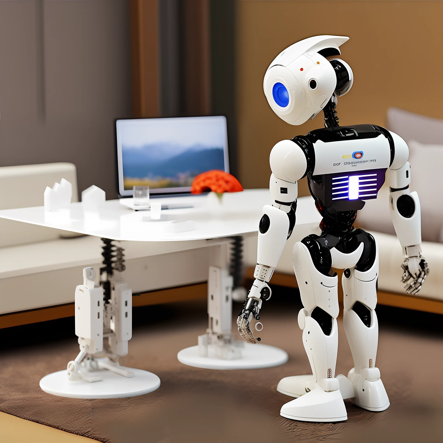 +DV Mech,robot,A single high-position robot, (Background with:The comfortable living room includes a dining table),full bodyesbian,85mm,F1.8、(droid:white colors、succinct,Stand at the table)、Solo