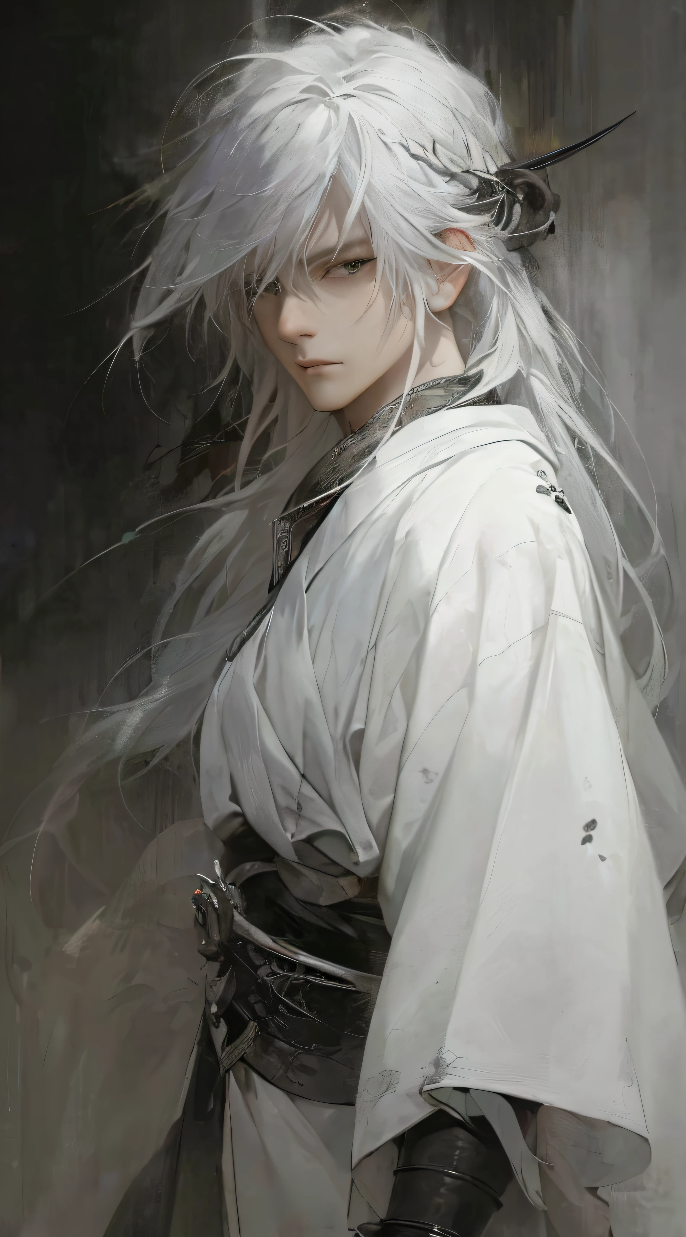 a close up of a person with white hair and a sword, white haired deity, with white long hair, with long white hair, artwork in the style of guweiz, white haired, guweiz, handsome guy in demon slayer art, beautiful character painting, by Yang J, white-haired, guweiz on pixiv artstation, anime character