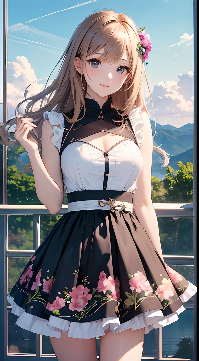 （Close-up of the painting style，8k ultra high definition，Masterpiece grade vista CG wallpaper），Beautiful skyline，Magnificent sky，美丽细致的眼睛，cute girly，Perfect slim body，shift dresses，Pure eyes，The skin is smooth like a baby，Stand on a high mountain and look at the sky，lakes，Colorful flowers and plants。