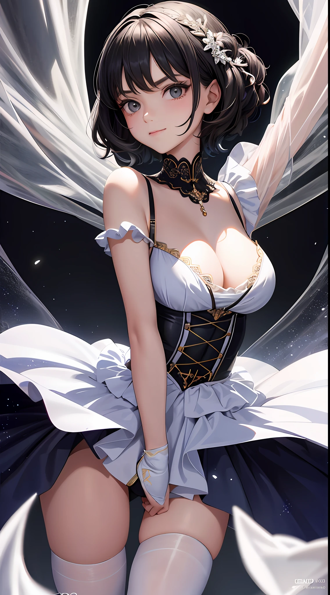 Best quality at best,tmasterpiece,1girll,10years old,Ballet costumes,The upper part of the body,closeup cleavage,with short black hair,big breasts beautiful,looking at viewert,ssmile,white stockings,particle fx,Off-the-shoulder attire,perspire,scowling,Black background