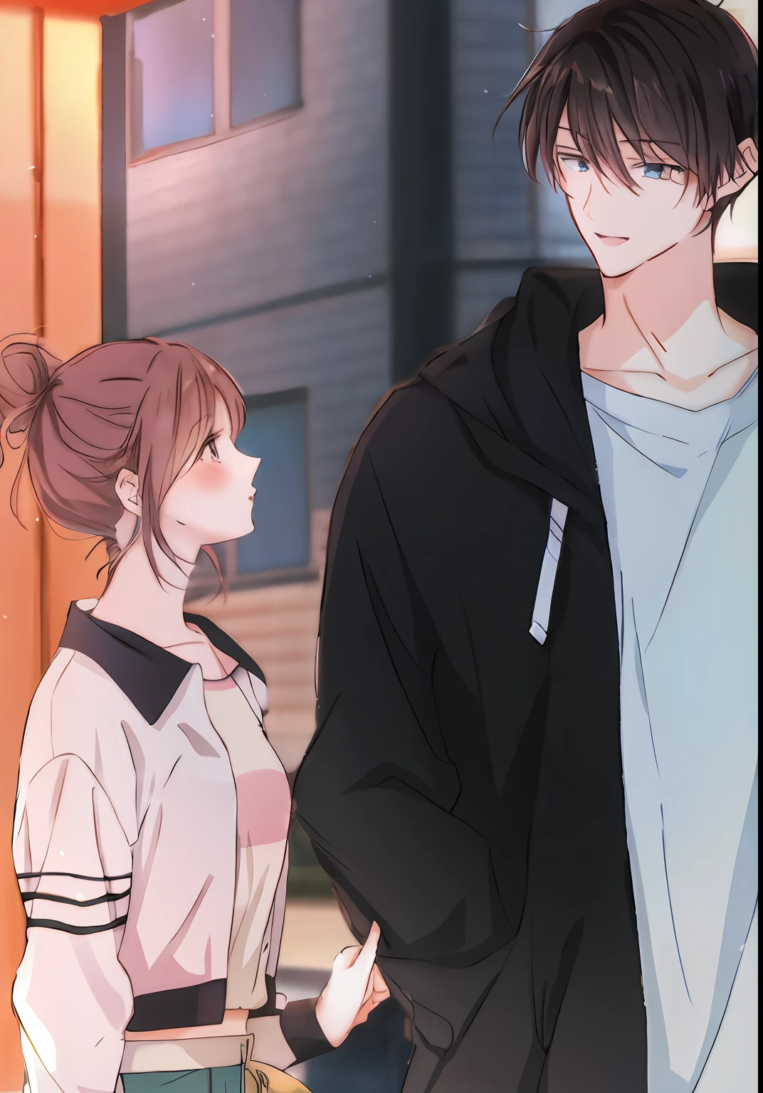 anime image of a man and a woman standing in front of a building, shoujo romance, comic strip,