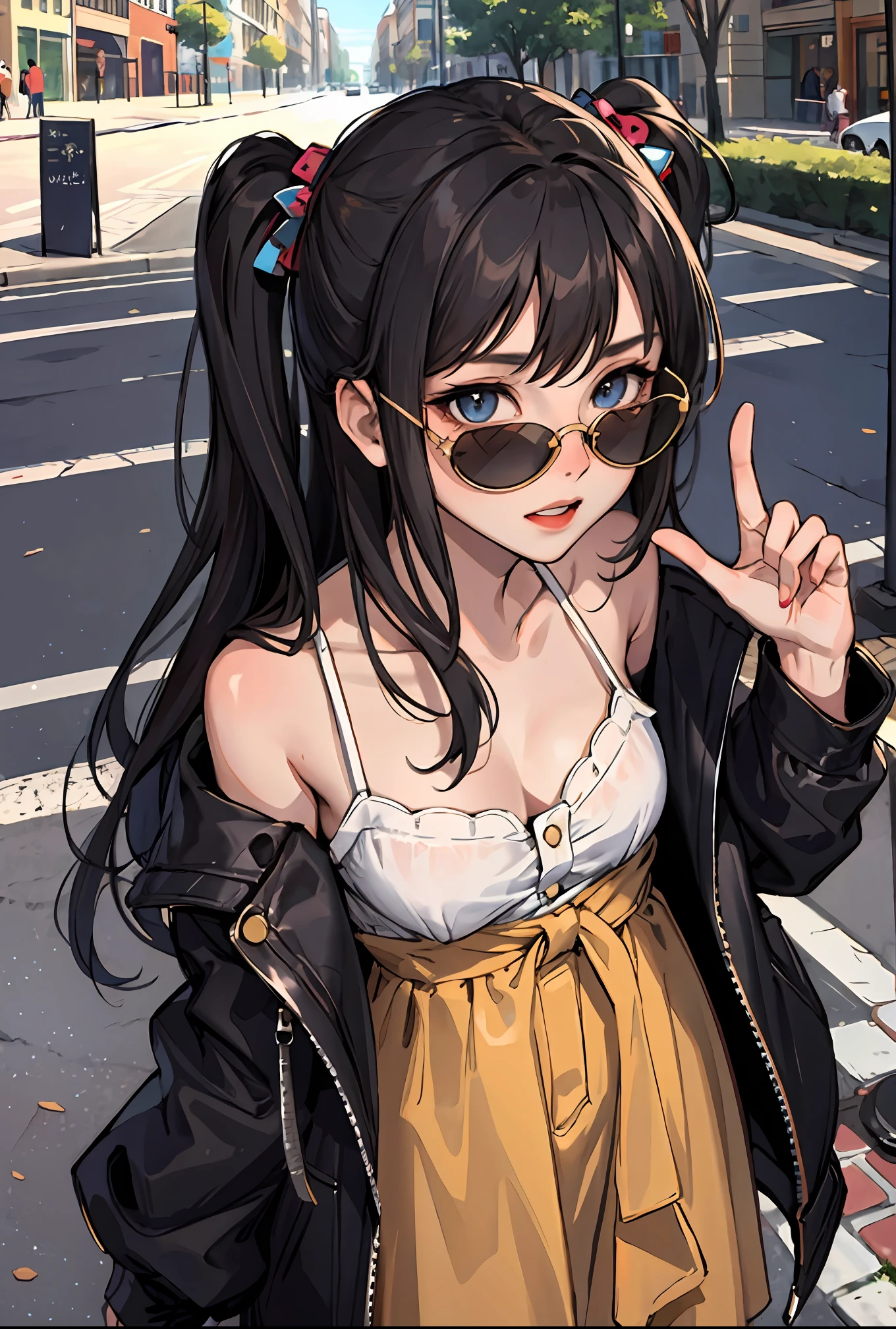 masterpiece, best quality, 1girl, weird hair, star sunglasses, bohemian clothes, street