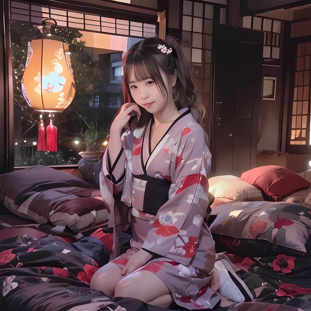 🌠🌠♥️😍🔞🔞🔞🔞🔞（Japanese-style room dimly lit at night、Japanese-style lamps glowing white on both sides of the screen）（A window with a pitch-black night view of stars from the left side of the screen.）（infp young woman、独奏）（Long Black Hair）（A shy smile）A short red kimono that reaches to the waist（Vivid phoenix pattern）（no-bra）（Expose your shoulders、Fluffy kimono）（very large huge chest）（Hard tip,）（Sit upright with your crotch open on the tatami mat）A futon beautifully laid out in front of you