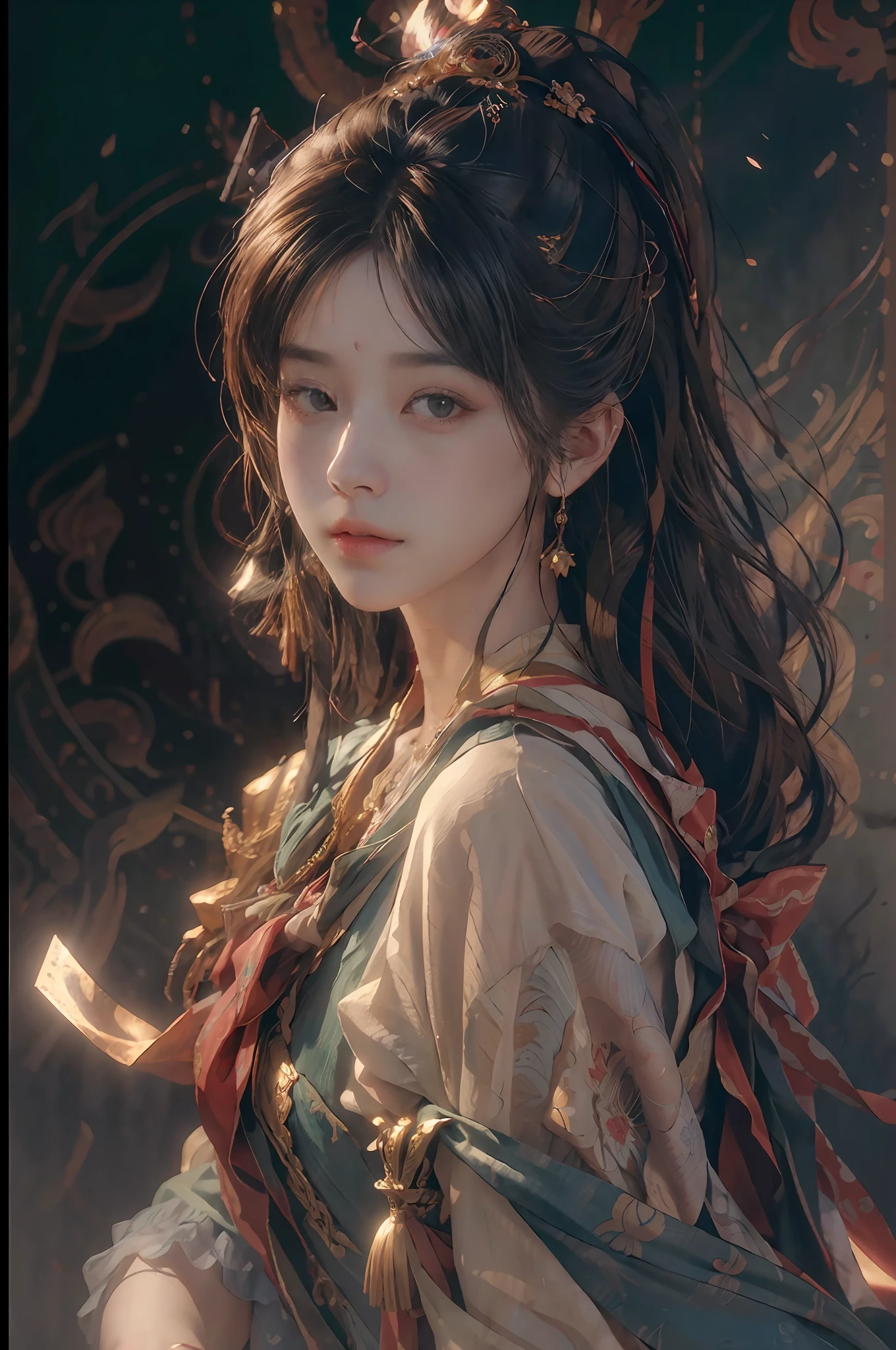 (RAW photo, best quality), (realistic, photo-realistic:1.3),best quality,highly detailed,masterpiece,ultra-detailed,illustration,1girl,upper_body,dynamic angle,world masterpiece theater,messy_long_hair,best quality,extremely detailed CG unity 8k wallpaper,ink,Amazing,cinematic lighting,lens_flare, dunhuang_style