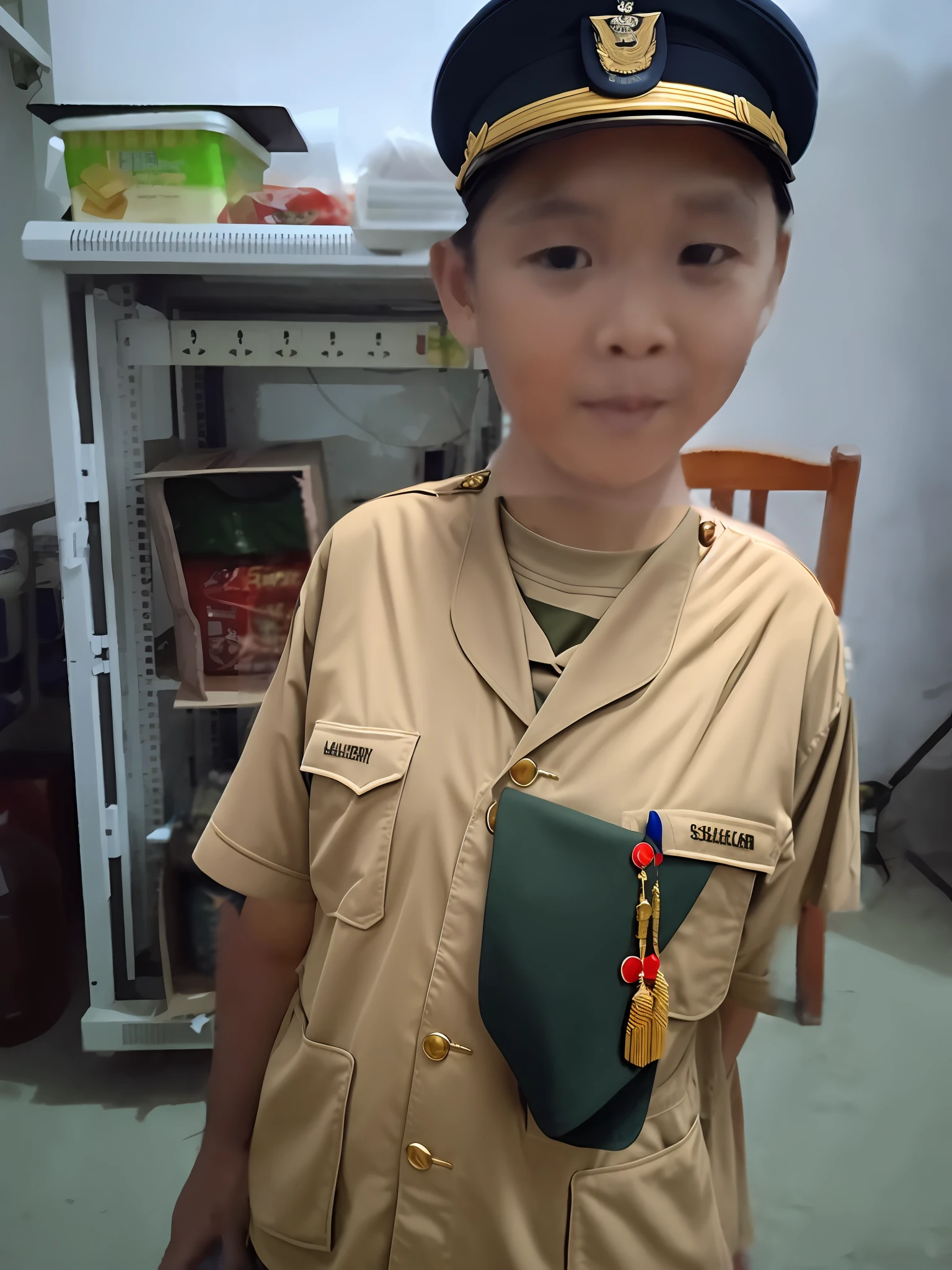 in a soldier uniform,Wearing a military cap。