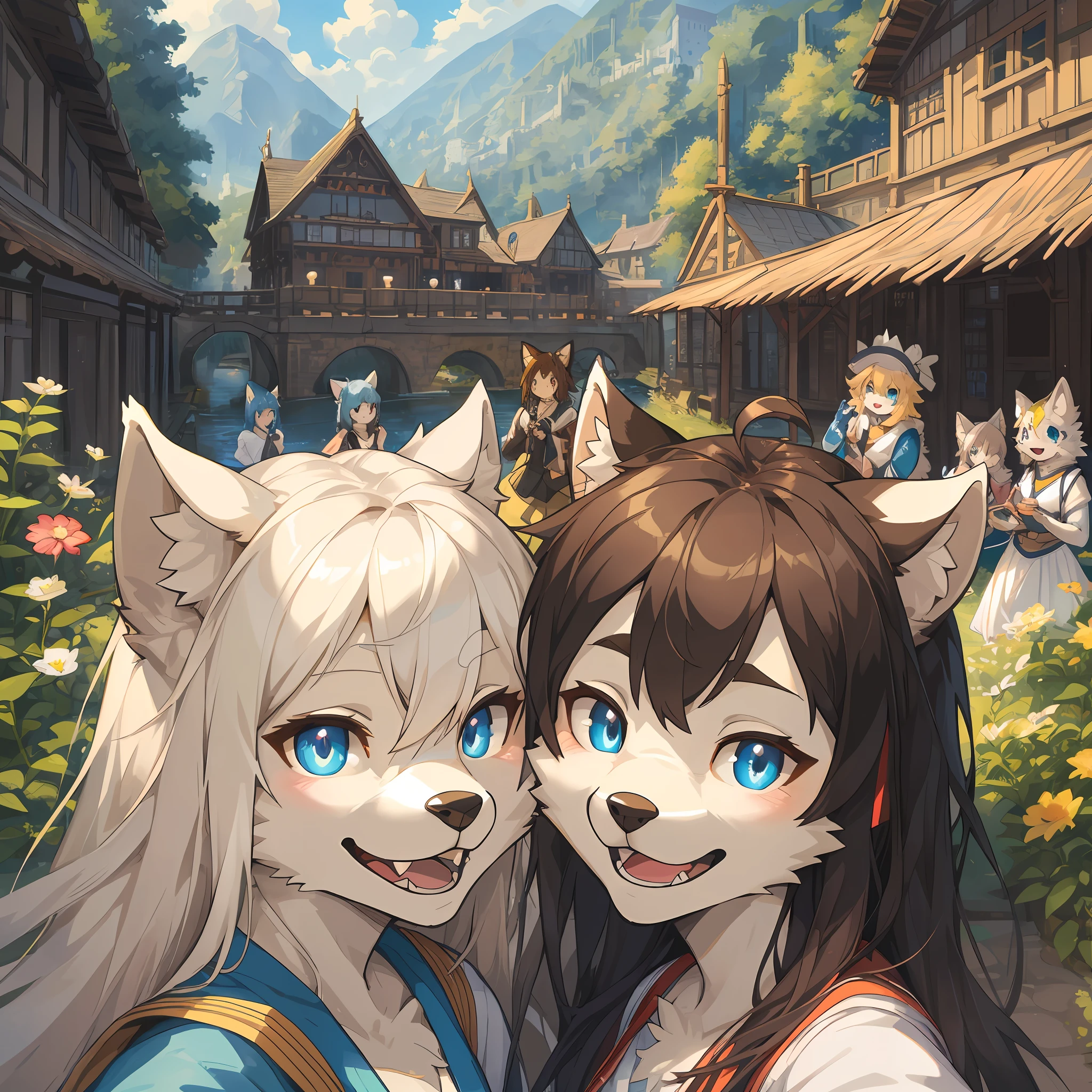 top quality, best quality, High-quality illustrations, masterpiece, super high resolution, detailed background, detailed background, World Heritage Site, group shot, 6+boys, 6+girls, Happy, joyful, absurdres(highly detailed beautiful face and eyes)perfect anatomy(Photos taken with friends)(kemono, furry anthro)selfie,