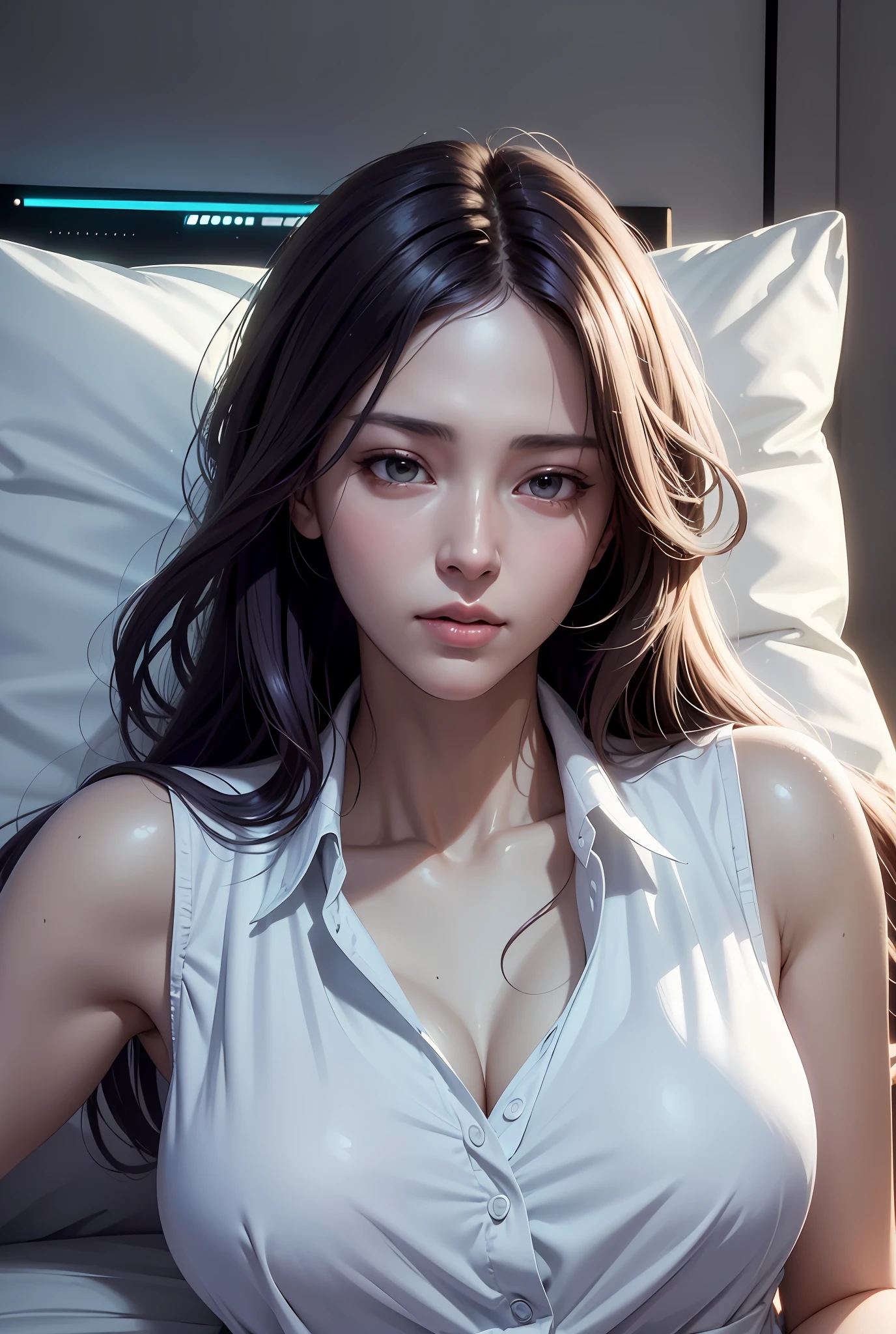 ((Best quality)), ((masterpiece)), (detailed:1.4), 3D, A beautiful cyberpunk female figure，Thick hair，light particules，Pure energy chaos anti-technology，HDR（HighDynamicRange），Ray traching,NVIDIA RTX,Super-Resolution,Unreal 5,Subsurface scattering,PBR Texturing,Post-processing,Anisotropic Filtering,Depth-of-field,Maximum clarity and sharpness,Multi-layered textures,Albedo and Specular maps,Surface shading,Accurately simulate light-material interactions,perfectly proportions,Octane Render,twotonelighting,largeaperture,Low ISO,White balance,the rule of thirds,8K RAW close-up portrait of a lovely woman （GLDOT） Bathe in the river， phragmites， （The light from the back window is backlighted）， Realistis， tmasterpiece， highest  quality， lens flare glow， shadowing， blooms， [[color difference]]，JeremyLipking，Antonio Manzanedo，digitial painting，