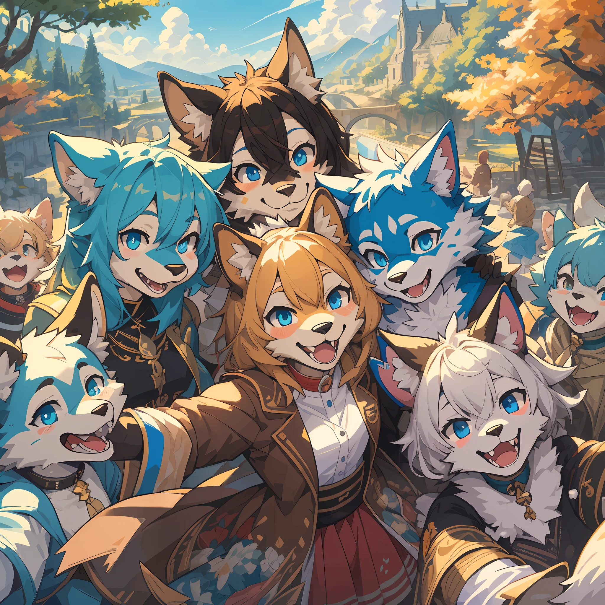 top quality, best quality, High-quality illustrations, masterpiece, super high resolution, detailed background, detailed background, World Heritage Site, group shot, 6+boys, 6+girls, Happy, joyful, absurdres(highly detailed beautiful face and eyes)perfect anatomy(Photos taken with friends)(kemono, furry anthro)selfie,