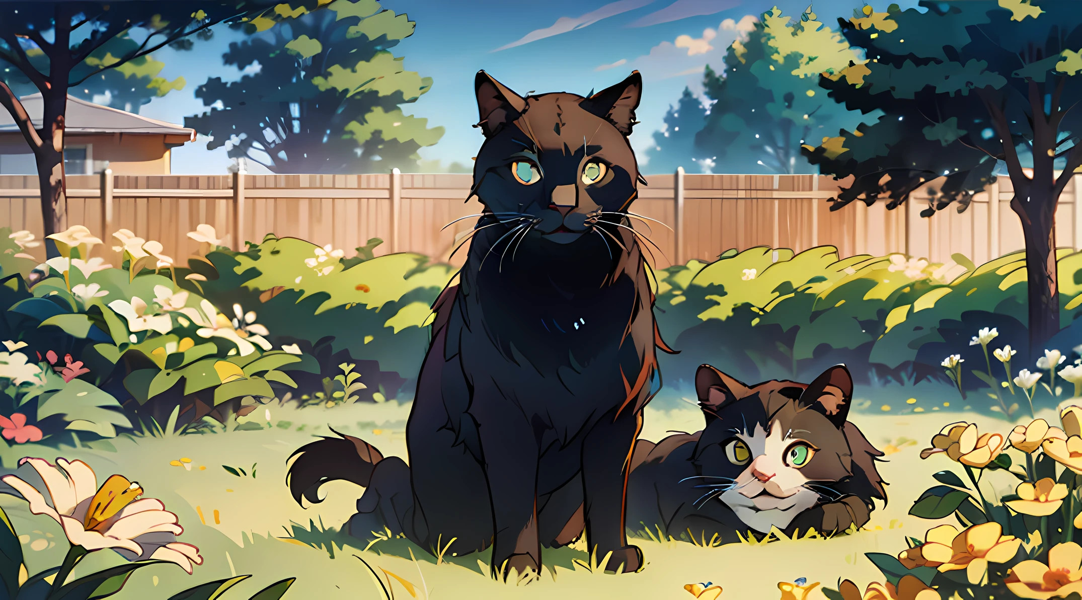 Gato preto fofo sozinho em um campo florido