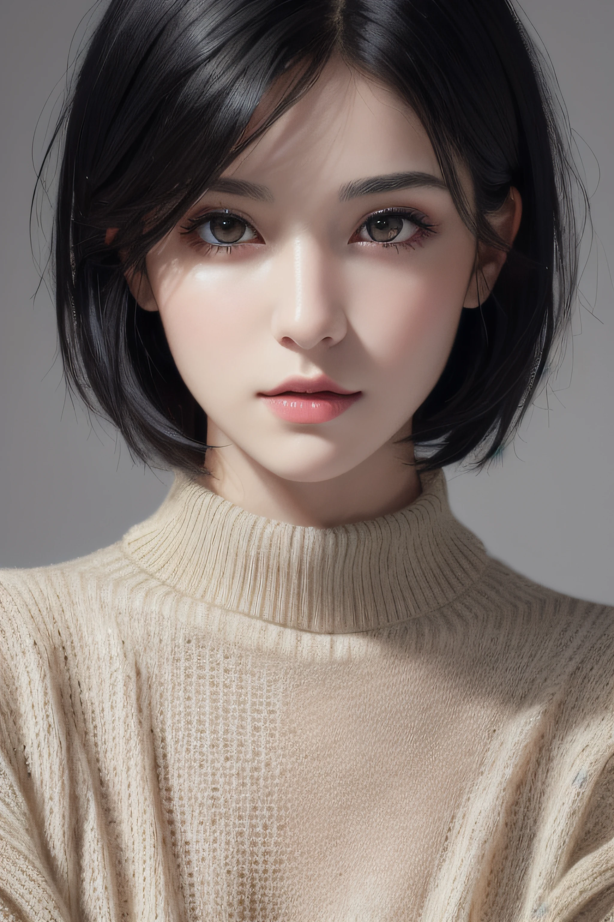 (masterpiece:1.3), (8k, photorealistic, RAW photo, best quality: 1.4), (1girl), beautiful face, (realistic face), (black hair, short hair:1.3), beautiful hairstyle, realistic eyes, beautiful detailed eyes, (realistic skin), beautiful skin, (sweater), absurdres, attractive, ultra high res, ultra realistic, highly detailed, golden ratio