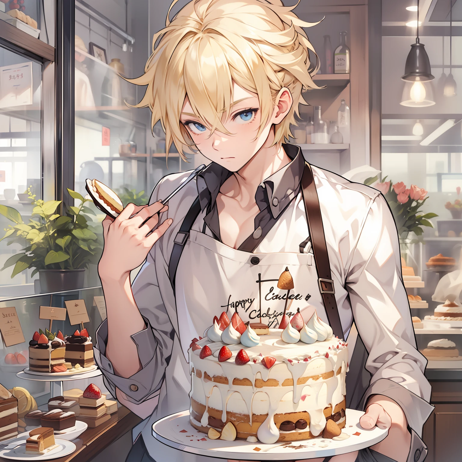 male people、patissier、a cake、soio、a blond、full body、hightquality、masterpiece、animesque