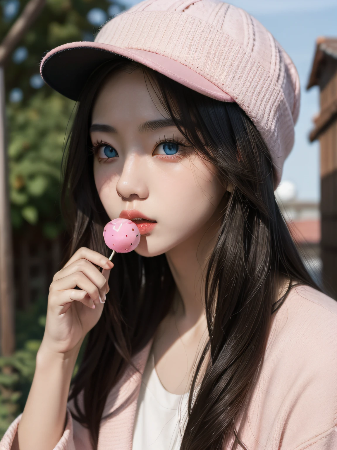 best qualtiy, tmasterpiece, 超高分辨率, (realisticlying:1.5), RAW photogr, 1girll,Eat lollipops,eBlue eyes,Pink Long Hair,florals,In the daytime,Hats,