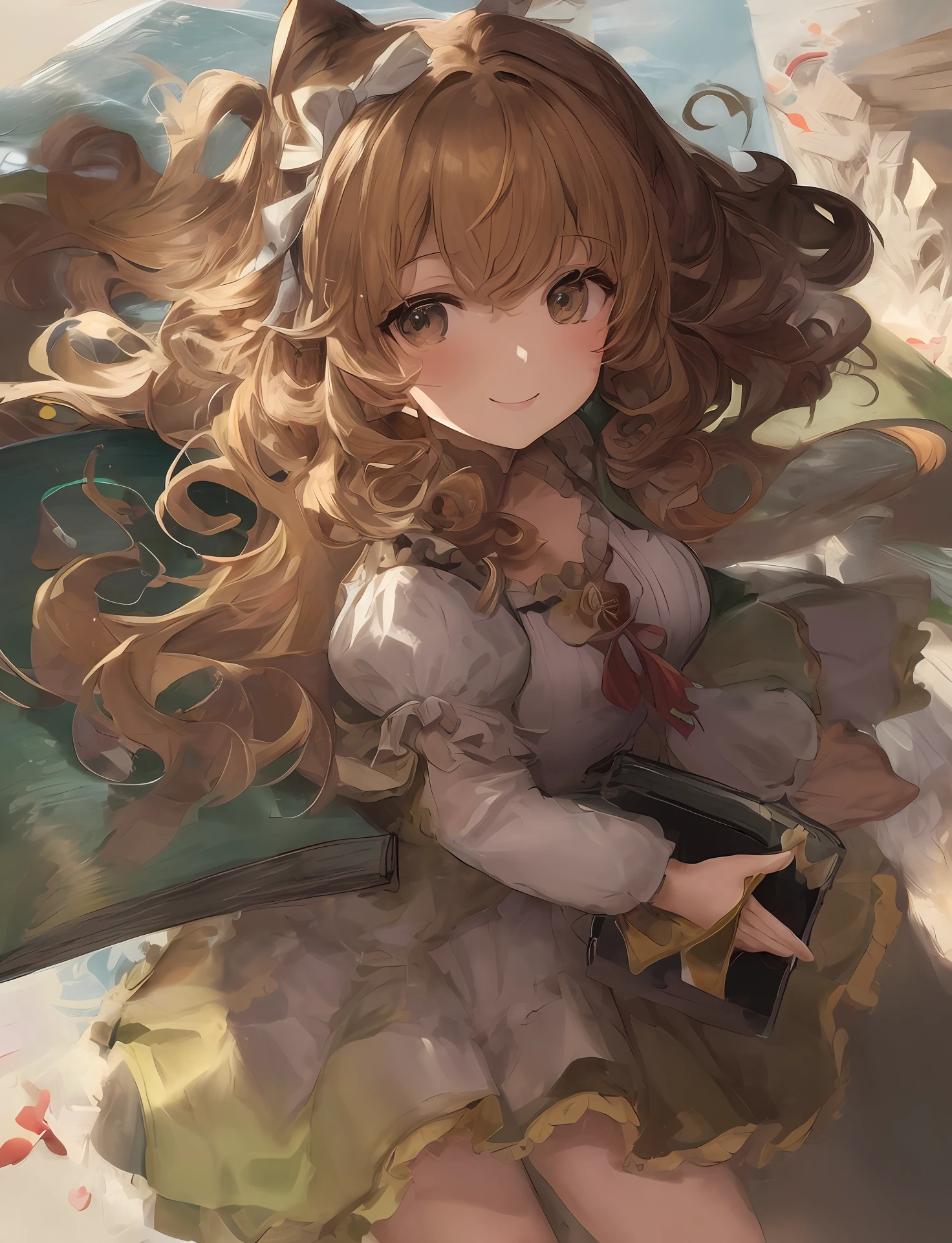 Cartoon illustration of a girl smiling, estilo cartoon, estilo Disney, holding an open book in your hand, Her hair is curly and brown, with white bow on head, vestido rosa e xadrez