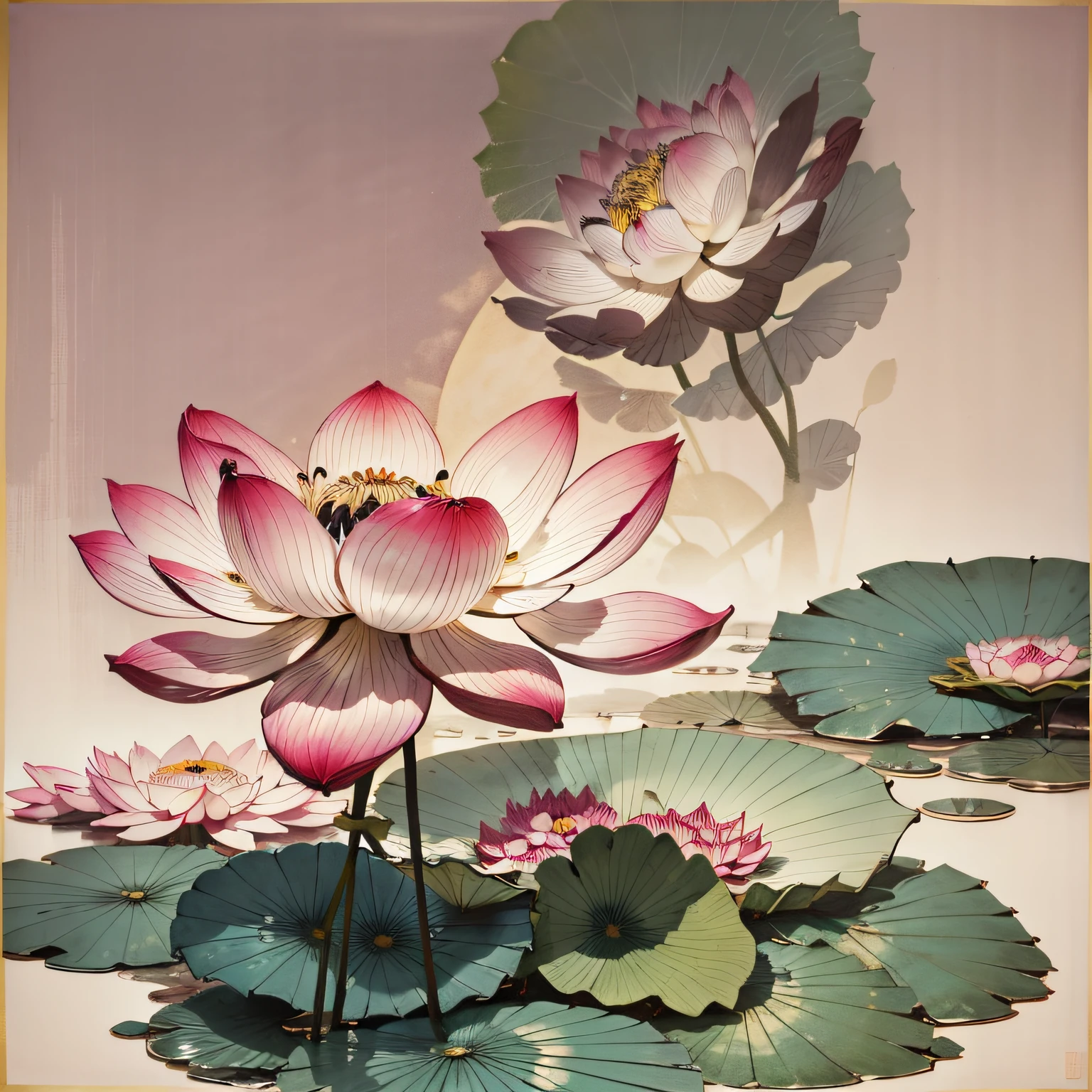 Miniature landscape,Set against the backdrop of some huge lotus leaves,Chinese Feng Shui,Pale pink translucent lotus flower,Big sense of atmosphere,Maximalism,high-class,lotus flower,high detal,ukiyoe painting ,The colors are simple,The light perception is obvious