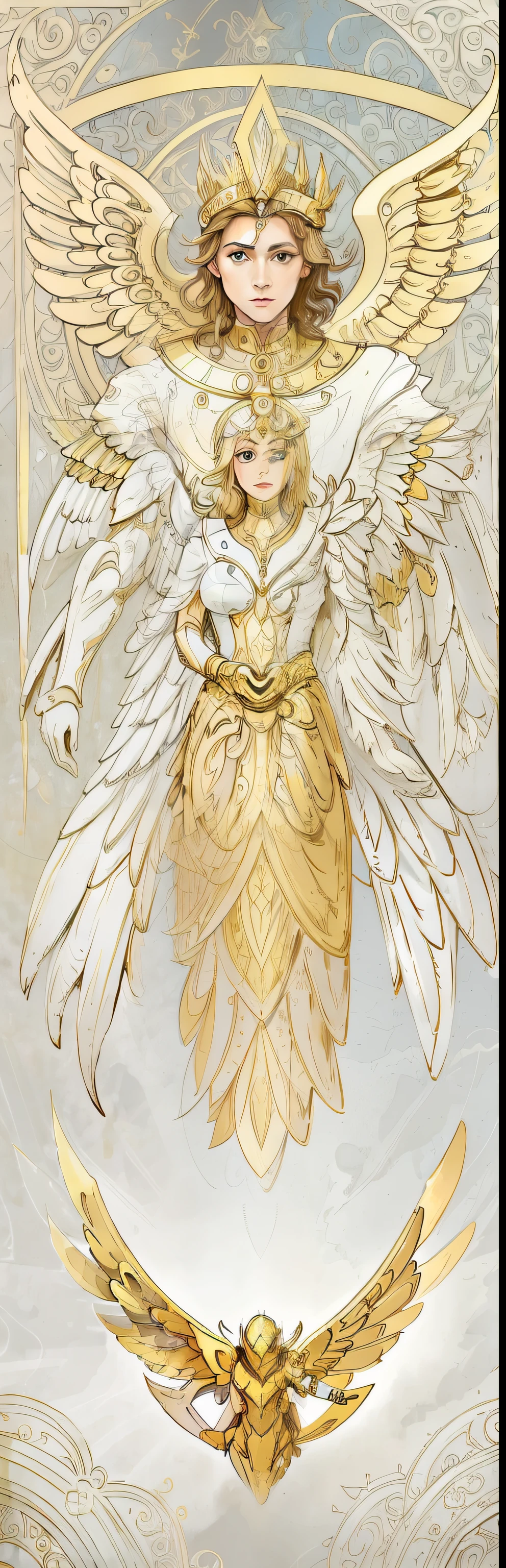 a drawing,One with wings,A man with a halo on his head, big angel wings wide open, gold wings, infinite angel wings, infinite angel wings, Angelic, ophanim has bird wings, gold wings on head, inspired by Philippe Druillet, highly detailed visionary art, 1 angel, grand angel wings, Winged, Angel wings, stained glass wings