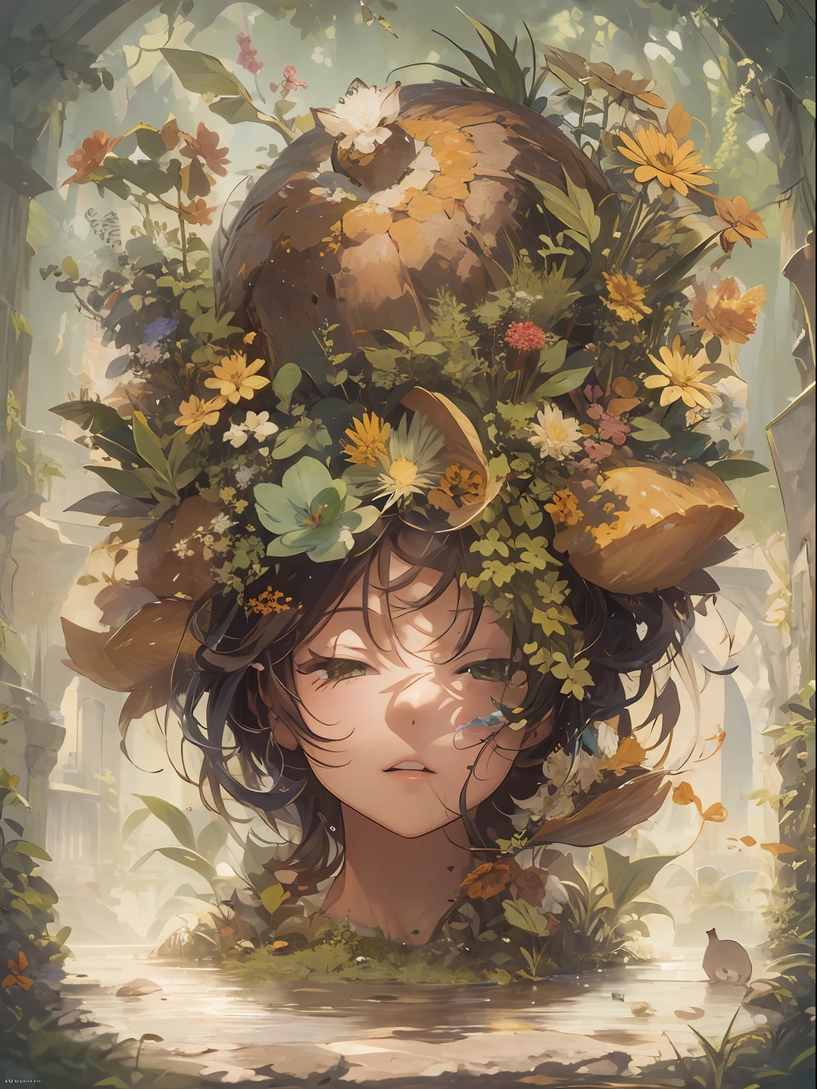 (obra-prima, melhor qualidade: 1.4), (absurdos, highres, ultra detalhados: 1.2), (1 homem bonito de cabelo verde: 1.4), (rei da natureza: 1.4), magia verde, (flora: 1.4), playful illustrations, imaginative overlays, artistic fusion, fantastic scenes, narrativas evocativas, visuais impressionantes, parte superior do corpo, depth of field-ar 2:3-s 200