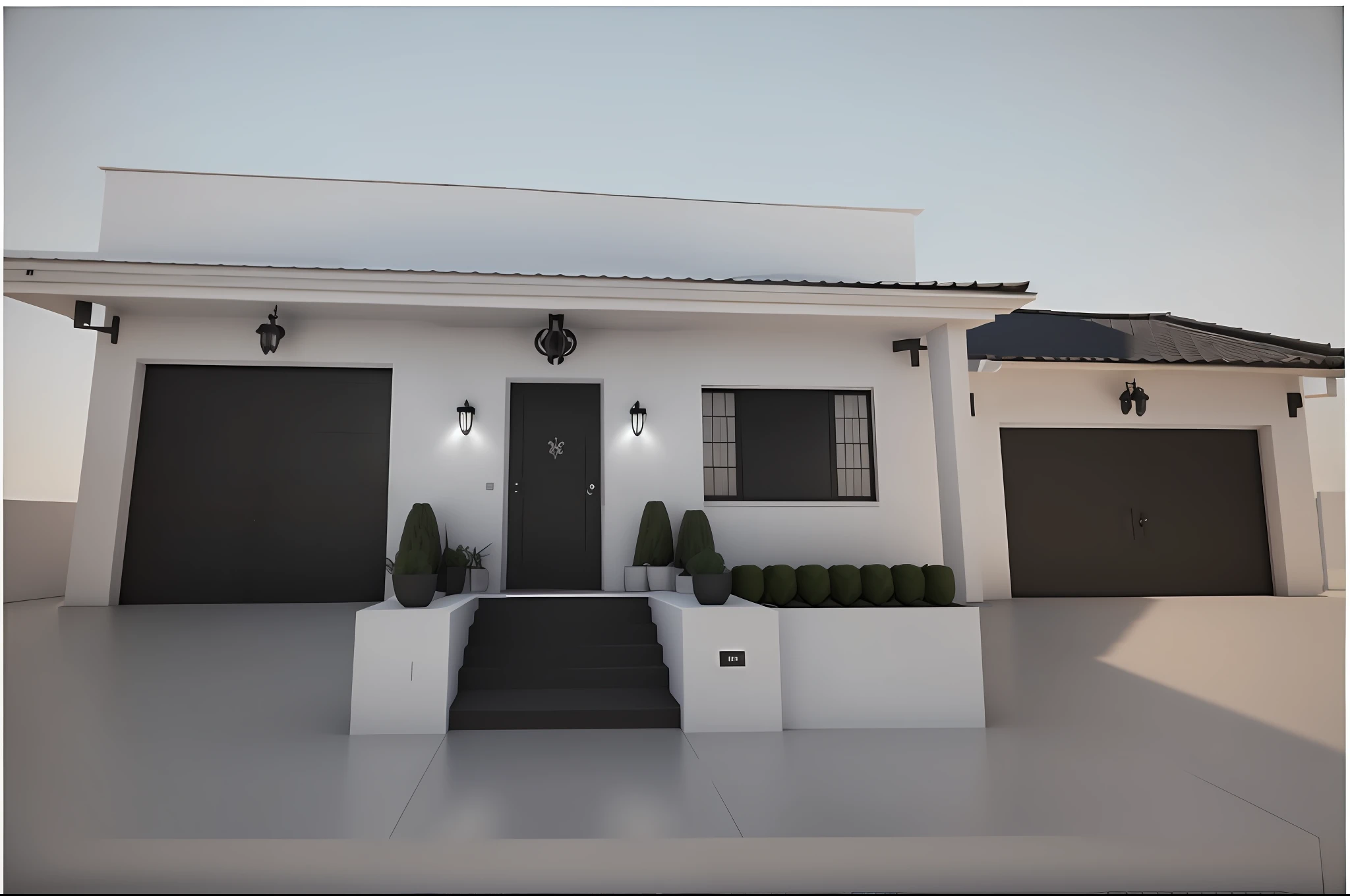 There is a white house with a black door and a black door, all white render, vue 3d render, 3 d finalrender, 3d final render, renderizar 3 d, professional render, lumion rendering, finalrender, high-quality render, clean render, highly photographic render, fully detailed render, photorender, photorealistic render, renderizado em povray