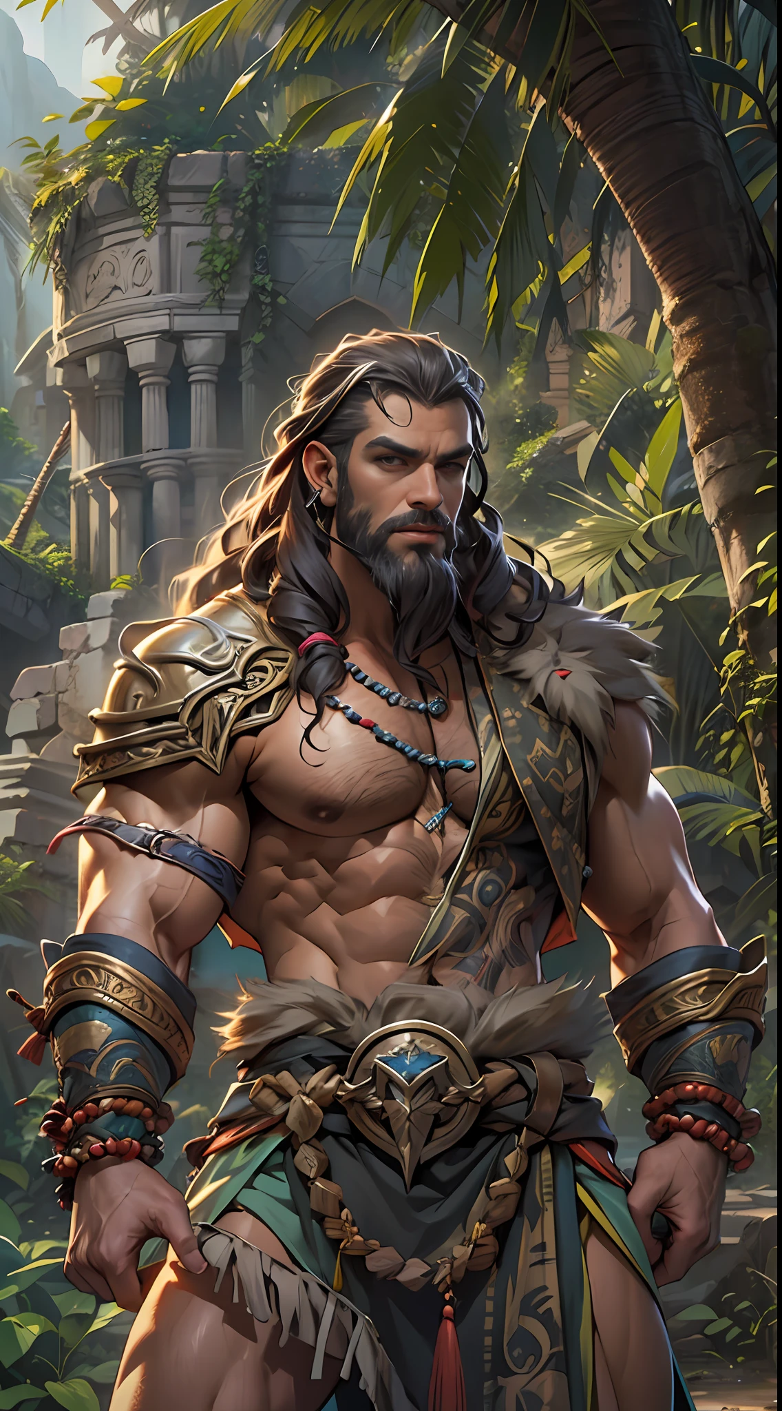 Muscular barbarian, partially upper body, lower body uncovered from thighs to feet, bearded with beads, long flowing curls, intricate muscular details, photorealistic artwork, 4K quality. Background: Dense jungle with ancient ruins,32k uhd, best quality, masterpiece, super detail, high details