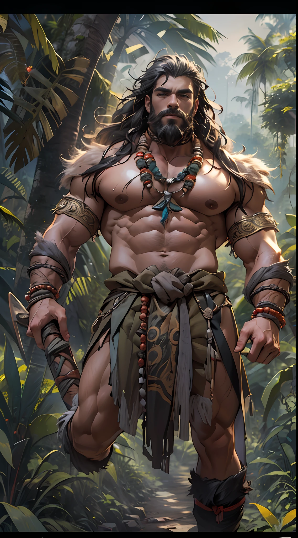 Muscular barbarian, partially upper body, lower body uncovered from thighs to feet, bearded with beads, long flowing curls, intricate muscular details, photorealistic artwork, 4K quality. Background: Dense jungle with ancient ruins,32k uhd, best quality, masterpiece, super detail, high details