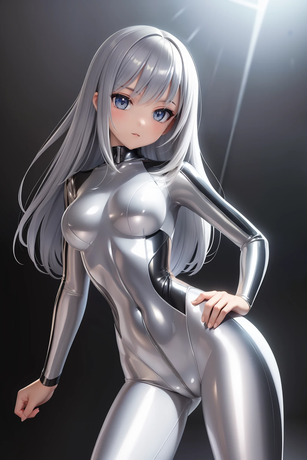 (masterpiece:1.5),(bestquality),highlydetailed,ultra-detailed,(silver shiny bodysuit) (sleek),(fitting),(reflective surface),(metallic look)