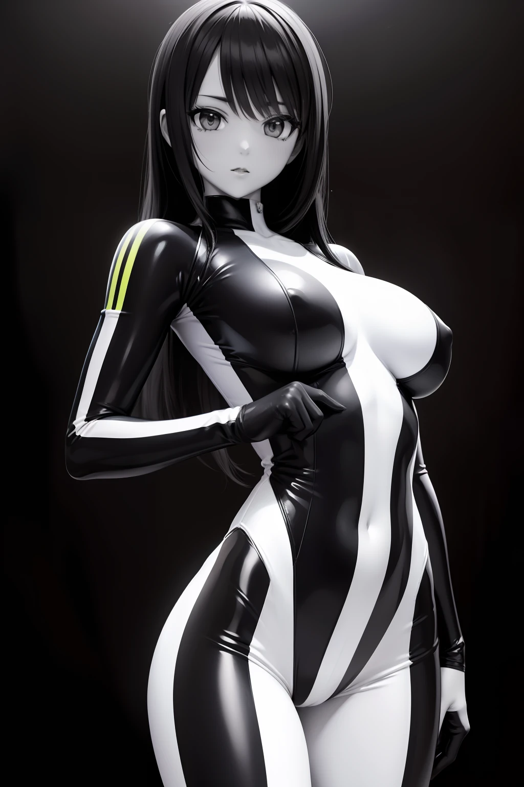 masterpiece, highlydetailed, ultra-detailed, monochrome, skin-tight bodysuit, glowing stripes