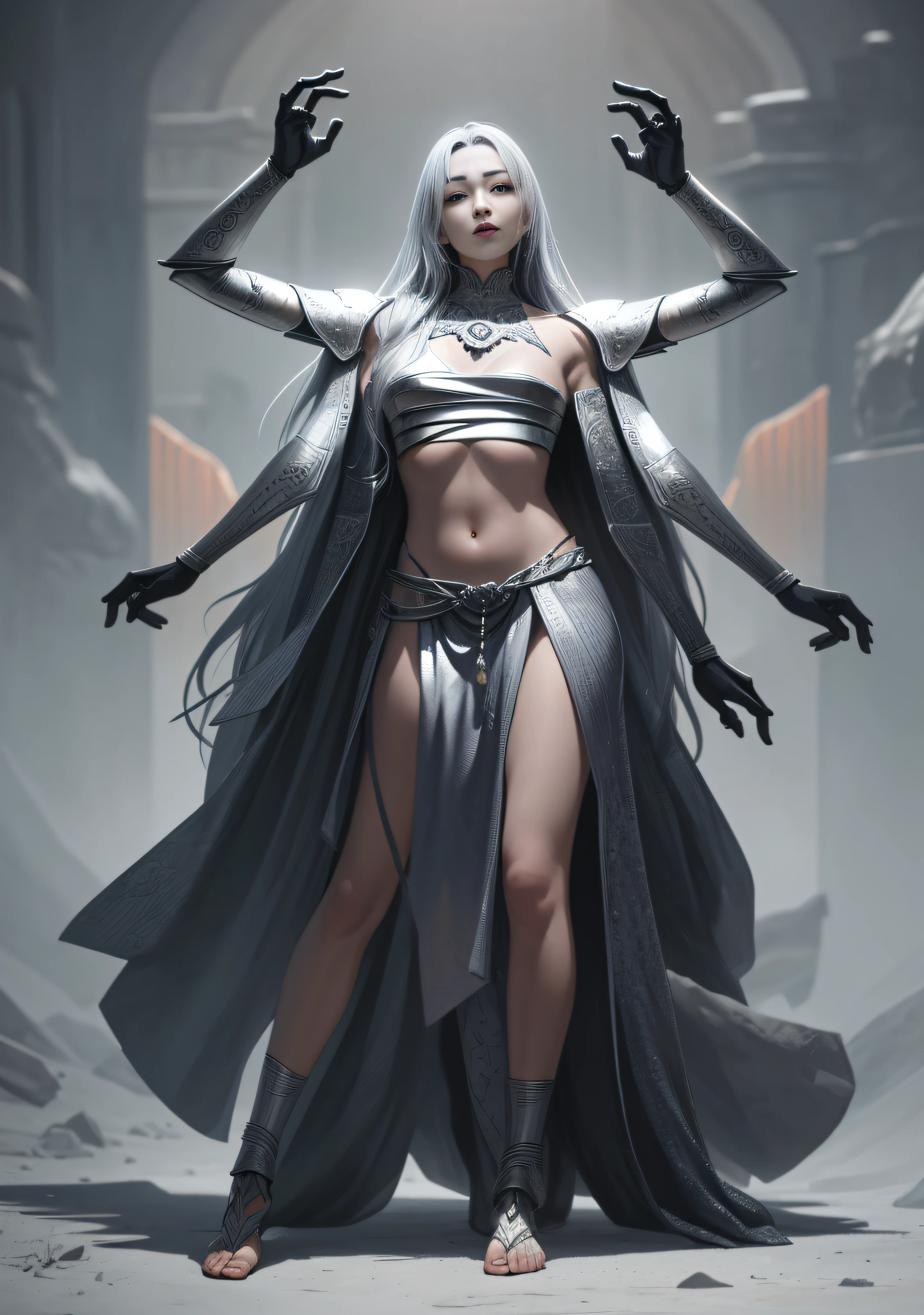 Asura Goddess, detailed face and eyes, silver long hair, full body, Japanese armor, rich detail, gorgeous pattern, worn fabric, realistic, photo, masterpiece, realism, high contrast, realistic digital art trend in Artstation 8k HD HD details realistic, detailed, skin texture, super detailed, realistic skin texture, armature, best quality, super high resolution, (realistic: 1.4), high resolution, detailed, original photo, sharp renew, lee jerfries nikon d850 Film Stock Photo 4 Kodak Portra 400 Camera F1.6 Lens Rich Colors Ultra-realistic textures Dramatic lighting Unreal Engine Trends on the Art Station Cinematic Still 800