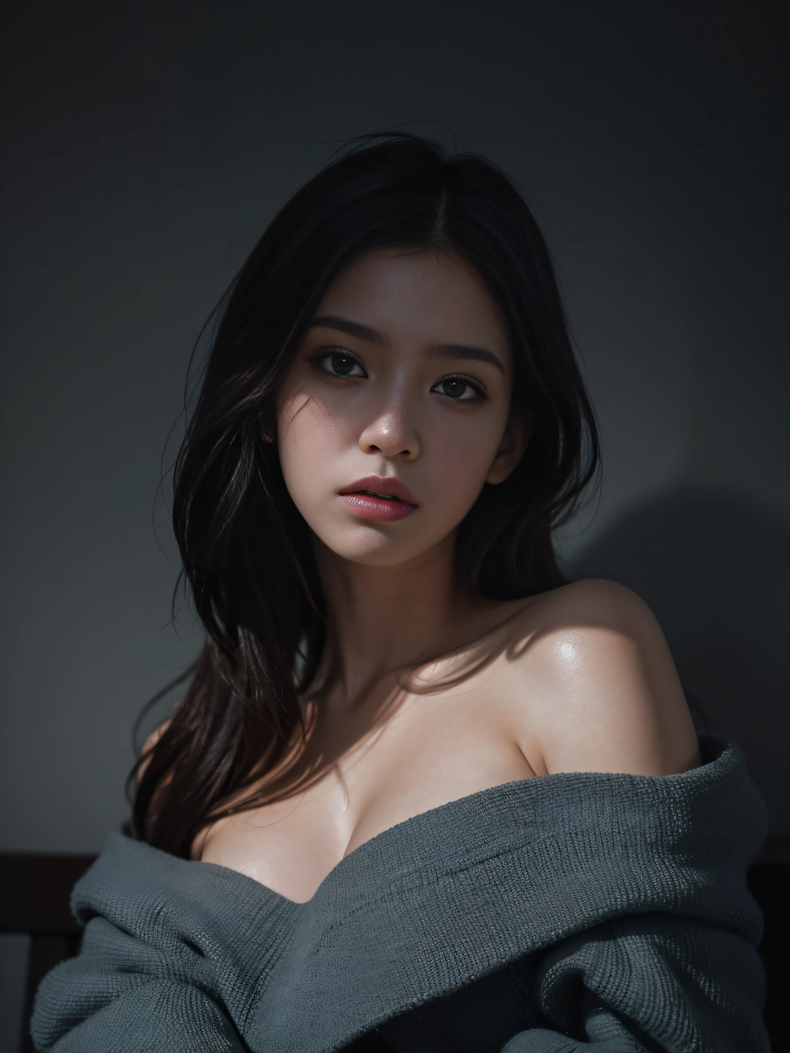 Best quality, masterpiece, ultra high res, (photorealistic:1.4), raw photo, 1girl, offshoulder, in the dark, deep shadow, low key, cold light