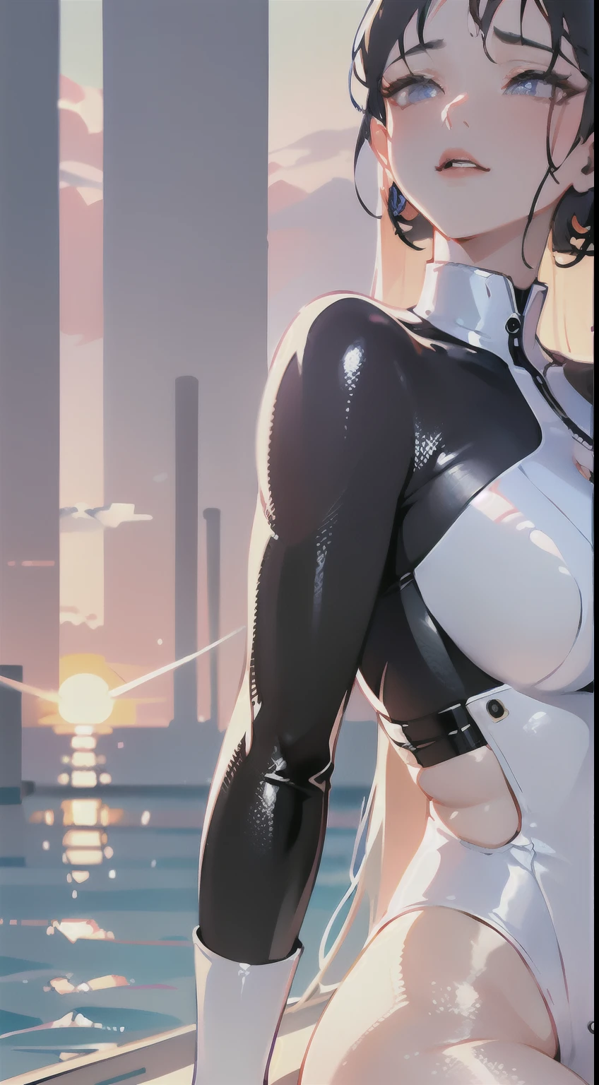 8K resolution, refined features, perfect face, glowing skin, high detail, latex_bodysuit, creamy white mucus body, enveloping the whole body, transparent liquid texture, sexy,busty,upright_straddle, sunrise, water, side view