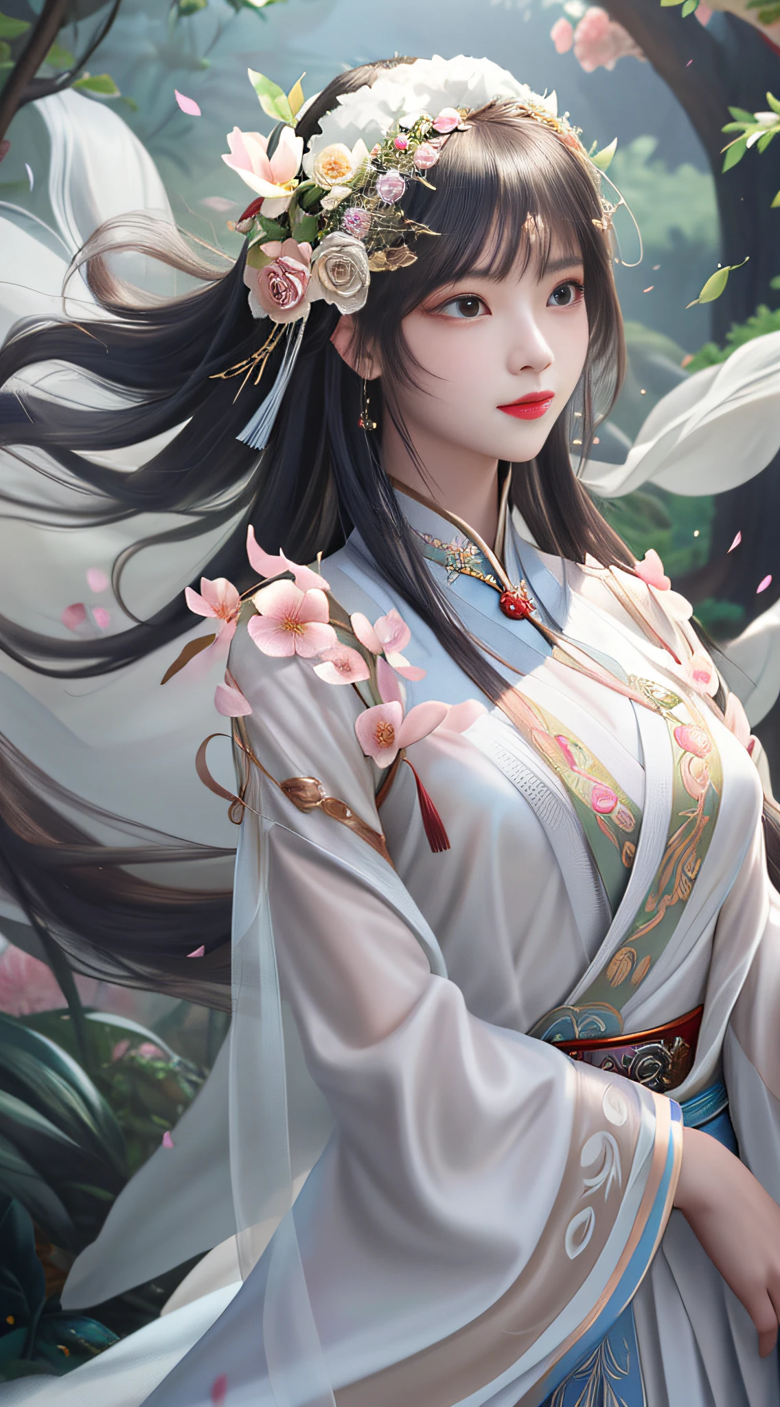 There is a woman in a white dress and a flower crown, Guviz-style artwork, Guviz, by Yang J, Palace , A girl in Hanfu, ((a beautiful fantasy empress)), a beautiful fantasy empress, By Leng Mei, trending on cgstation, Guweiz in Pixiv ArtStation, White Hanfu