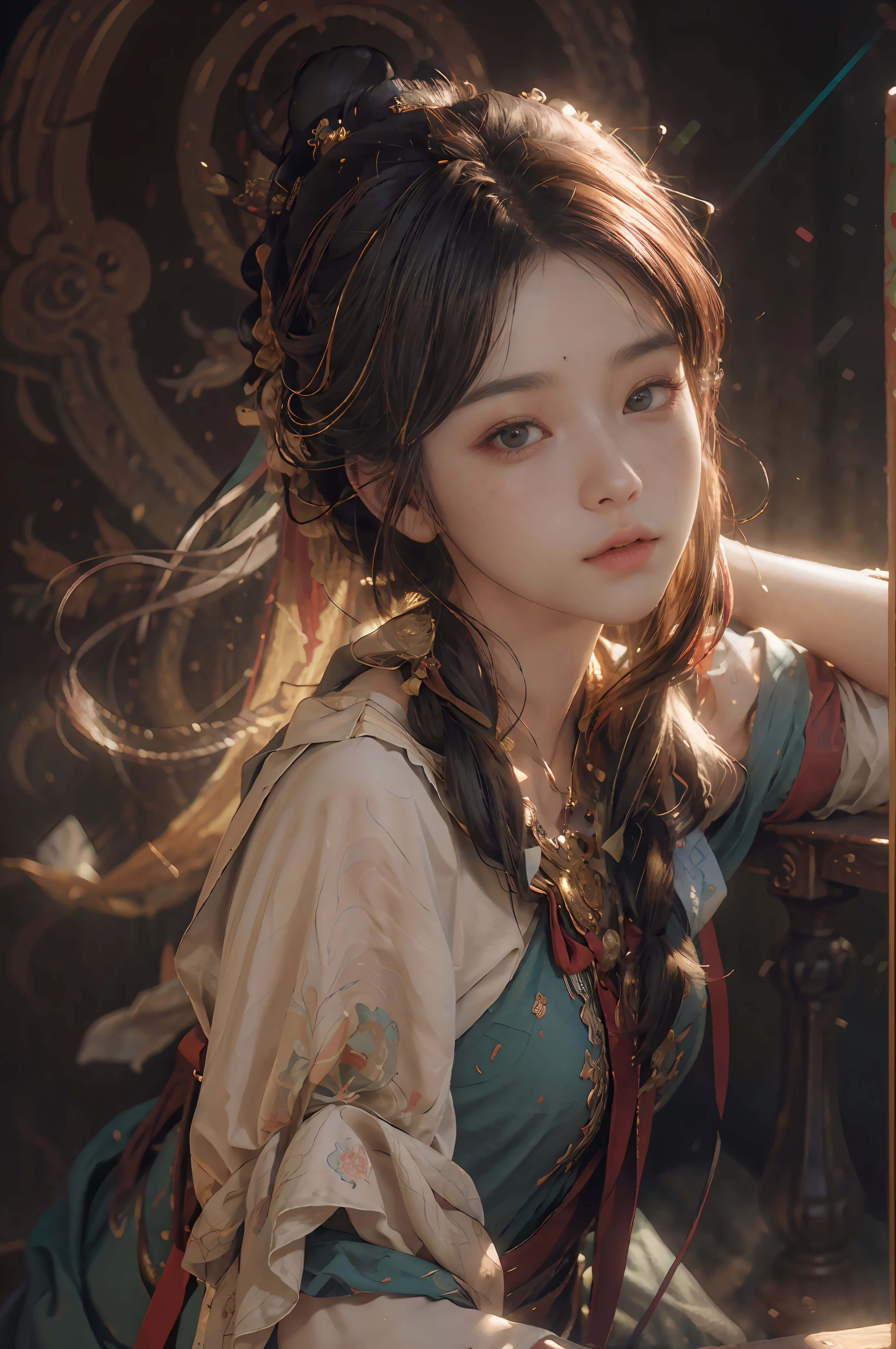 (RAW photo, best quality), (realistic, photo-realistic:1.3),best quality,highly detailed,masterpiece,ultra-detailed,illustration,1girl,upper_body,dynamic angle,world masterpiece theater,messy_long_hair,best quality,extremely detailed CG unity 8k wallpaper,ink,Amazing,cinematic lighting,lens_flare, dunhuang_style